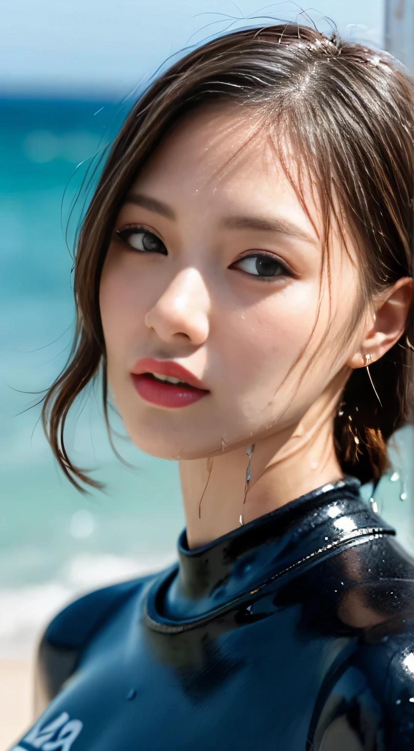 hyper realistic lifelike texture dramatic lighting unrealengine trending on artstation,award winning photo,nikon RAW photo,8 k,Fujifilm XT3,masterpiece, best quality, realistic, photorealistic,ultra detailed,extremely detailed face, solo,1girl, irene1, blue sky,beach,sport,<lora:irene_V70:1>