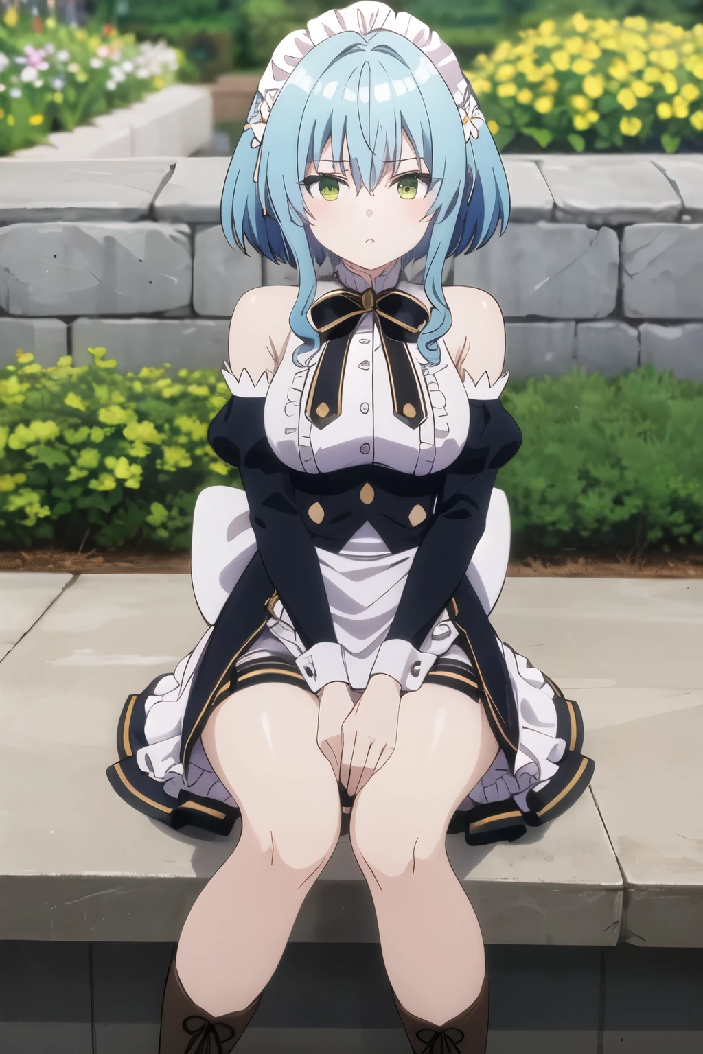 (masterpiece,  is the best quality),Wilhaz,1 Girl, blue hair ,Short hair, bangs, green eyes,Eyebrow hair,Headdress,maid headdress,Flowering,temple, medium bust, white shirt, ruffle shirt ,neck ribbon, Bare Shoulders , separated sleeve , puffy sleeves ,Long sleeve, black sleeve ,maid,waistline, Black Skirt ,boots,knee boots, Brown shoes ,, watch the viewer,garden,Seated position, focus on legs ,