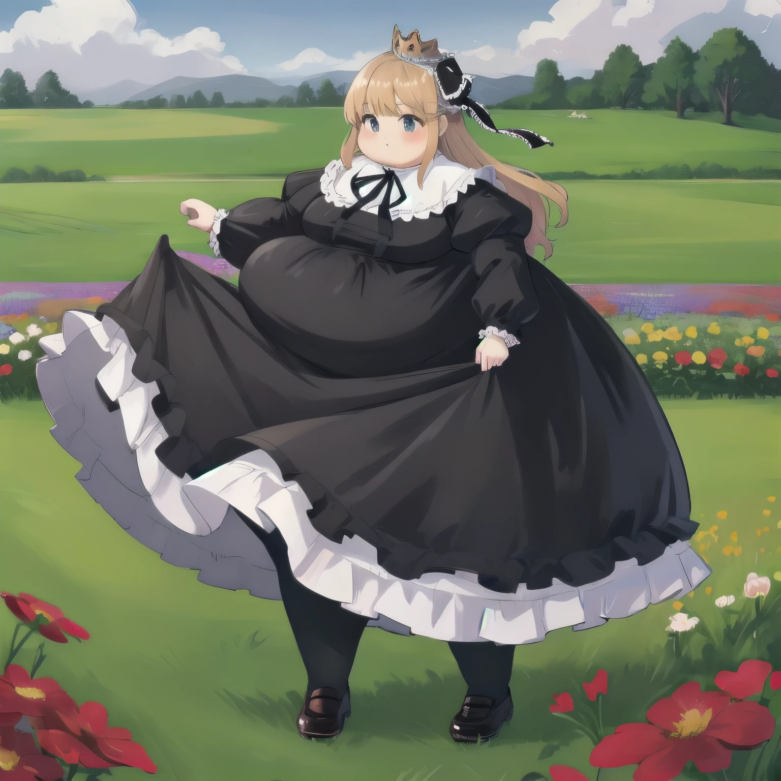 Beautiful Queen, Extremely Obese , long sleeve , dress,ribbon, Pantyhose,frills, puff sleeve ,black dress,black Pantyhose,neck ribbon,frilled dress, juliet sleeve,white ribbon,skirt, full body, Field and flowers in the background , achromatic , masterpiece, ultra high resolution , High Quality ,