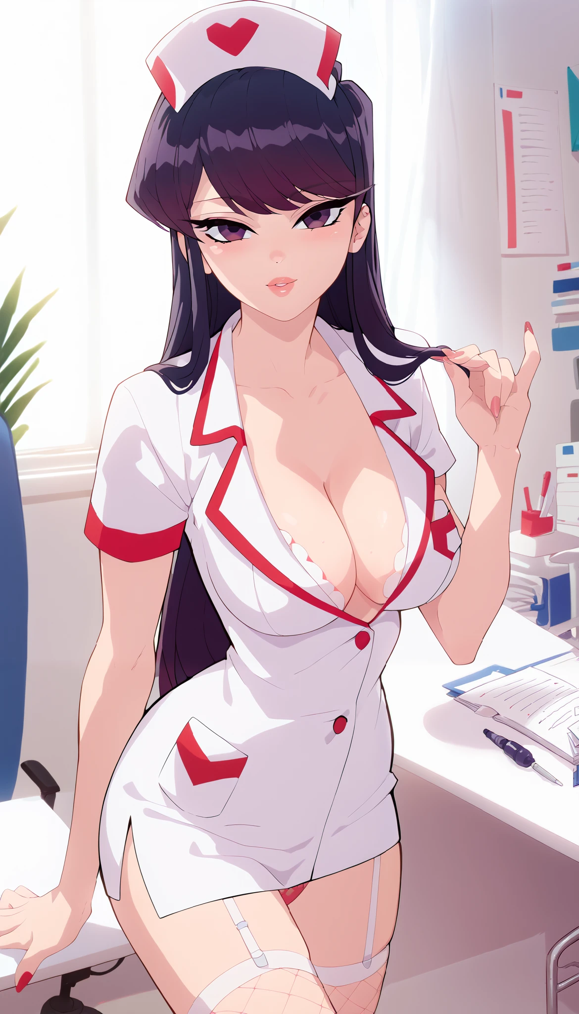 Sexy Komi Shouko with long hair, wearing black nurse uniform, in her office, legs in red fishnet stockings, garter belt, latex underwear, cleavage, breasts, depth of field, cinematic lighting, anatomically correct, high detail