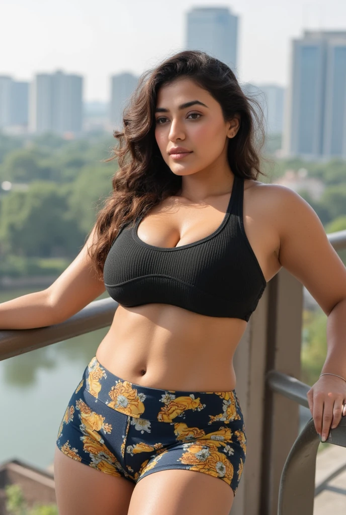 A fit, curvy, and beautiful female Indian athlete performs explosive step-ups on a park bench, with a vibrant city skyline in the background. She wears decorated running shorts with side-cut, showcasing her athletic form. The scene is well-lit, highlighting her physique and the dynamic nature of her workout, (((thick voluptuous thighs))), (((massive thick thighs)))