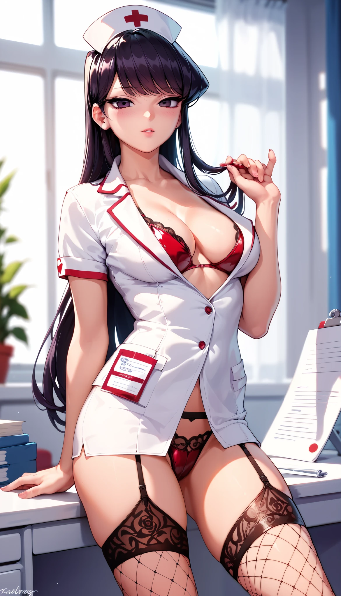 Sexy Komi Shouko with long hair, wearing black nurse uniform, in her office, legs in red fishnet stockings, garter belt, latex underwear, cleavage, breasts, depth of field, cinematic lighting, anatomically correct, high detail