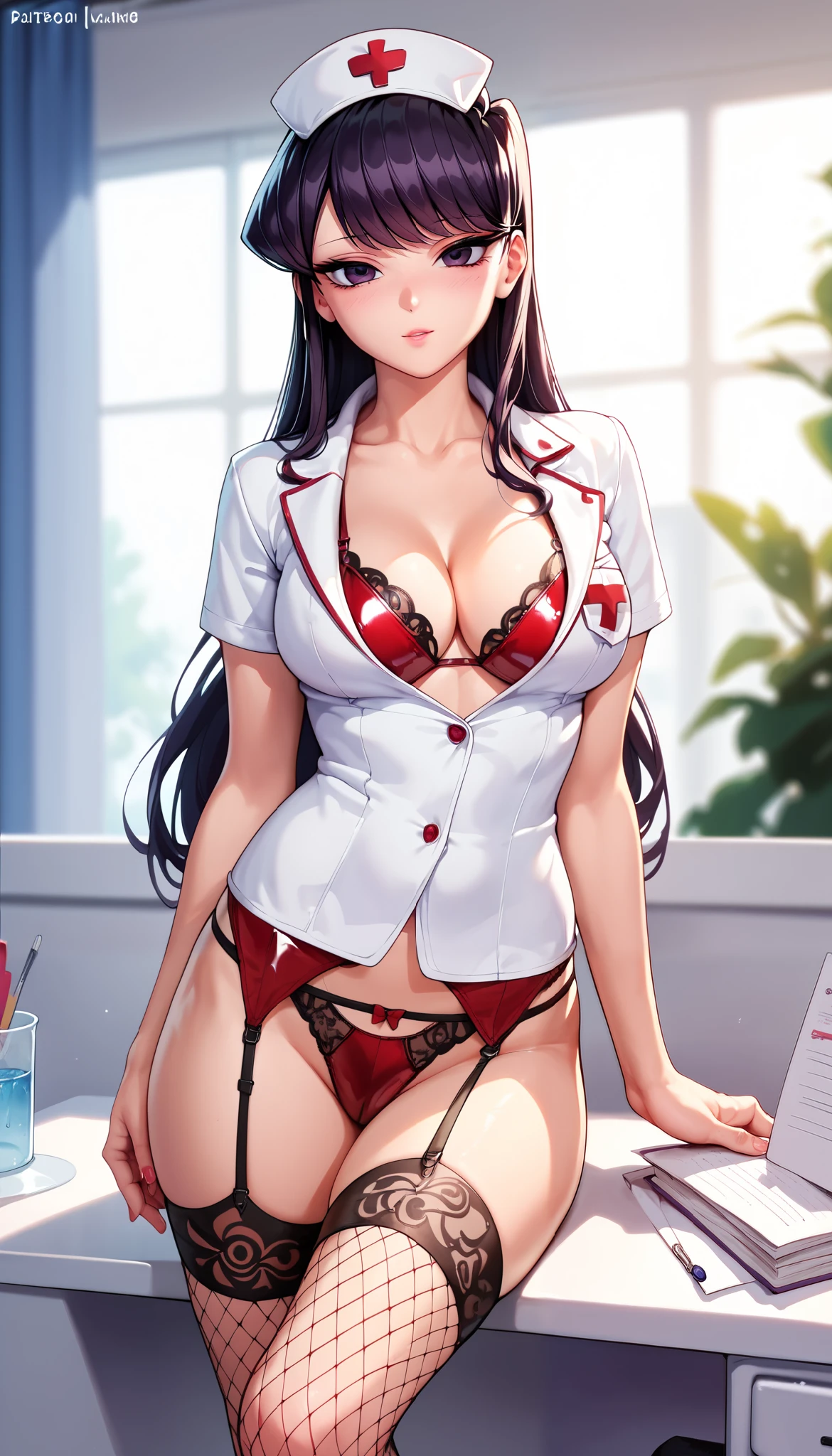 Sexy Komi Shouko with long hair, wearing black nurse uniform, in her office, legs in red fishnet stockings, garter belt, latex underwear, cleavage, breasts, depth of field, cinematic lighting, anatomically correct, high detail