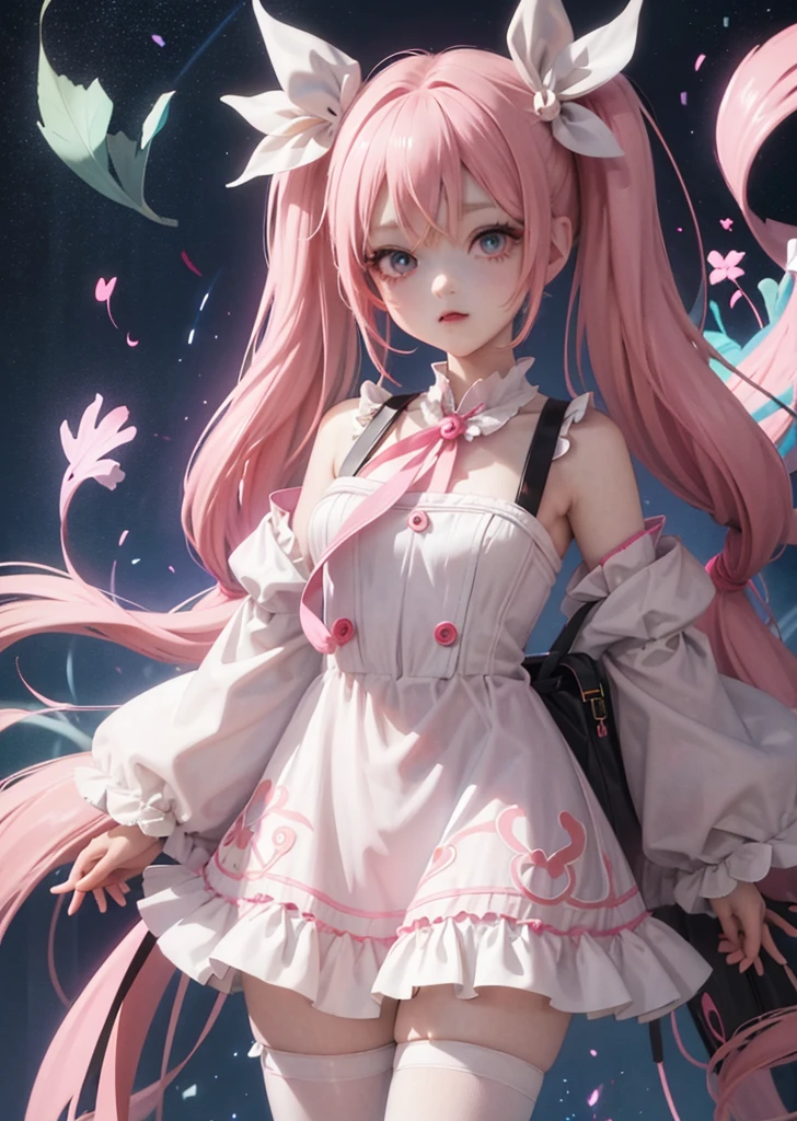 anime girl with long hair and colorful dress holding a bag, official artwork, pixiv, vocaloid, pink twintail hair and cyan eyes, pixiv style, mikudayo, digital art on pixiv, nightcore, cute art style, pixiv trending, colorful]”, anime illustration, splash art anime ****, cutecore clowncore