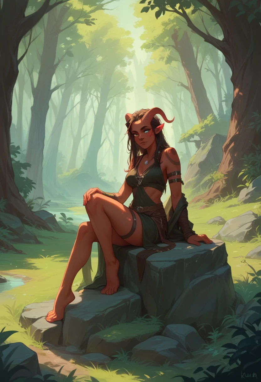 Karlah, Baldur Door 3, A tiefling, sits on a rock, In the forest,  sunny day, smiles 