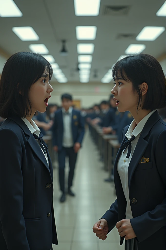 Ultra realistic photo 4k 8k. Two Asian girls taking on rivals, one on the left side and the other on the right side staring at each other at a private school. the girl on the left side is: beautiful; has a serious expression; He is staring at the girl on the right side with a serious facial expression but micro-expressions of hate.. The girl on the right side is: Even prettier than the girl on the left; has a serious expression pero calmada; He is staring at the girl on the left side.; she is more mature than the other. Both in Korean school uniforms. They are rivals and they are playing a staring fight..