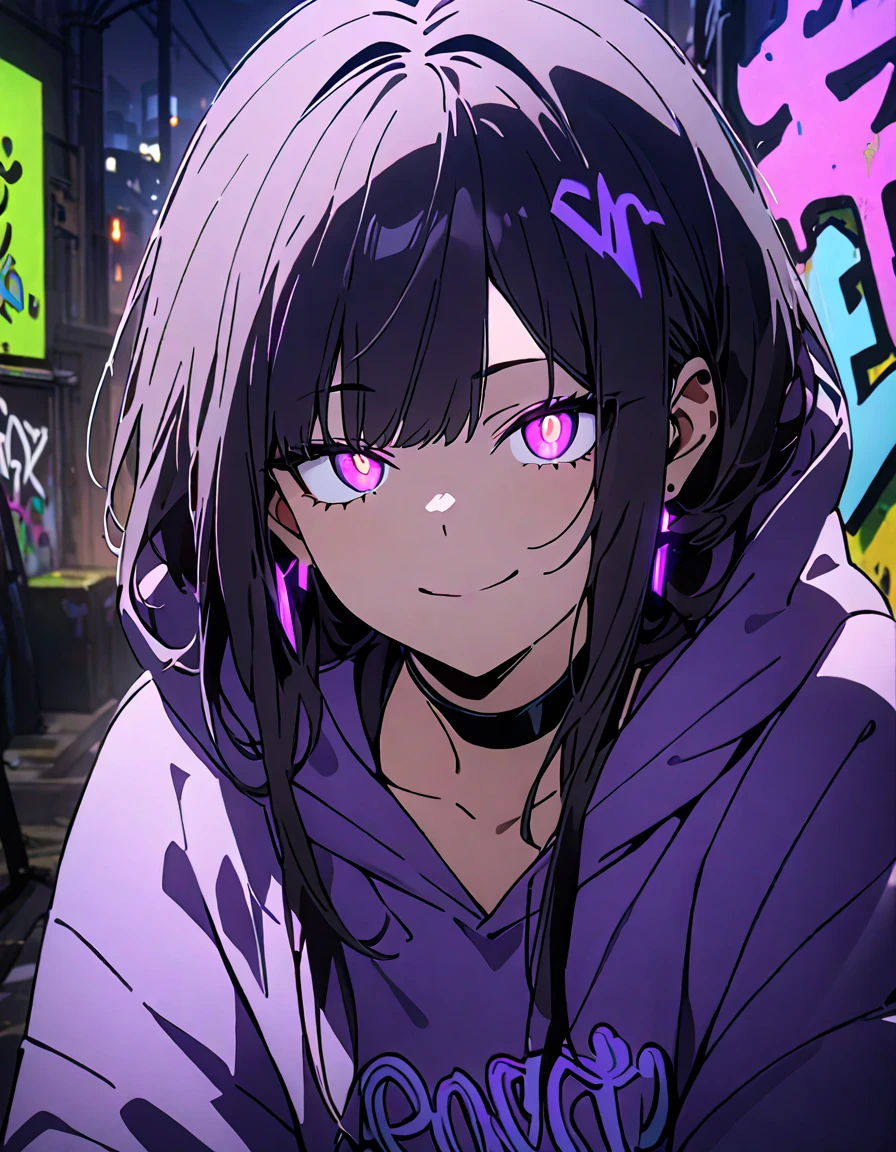 masterpiece, Best Quality, 8k, detailed background , masterpiece, Best Quality, smile,  t I ,  HOODIE, Portraiture, Neon Purple, graffiti, dark, night, Shining Eyes,  Black Light,Erlang Xiangxiang