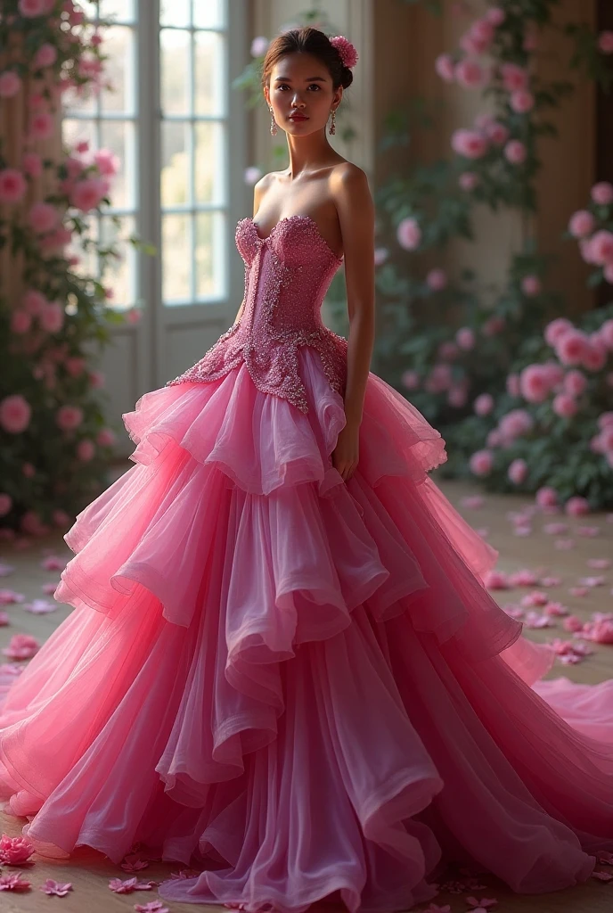 a beautiful long dress, with big syrup, pink color with shine.