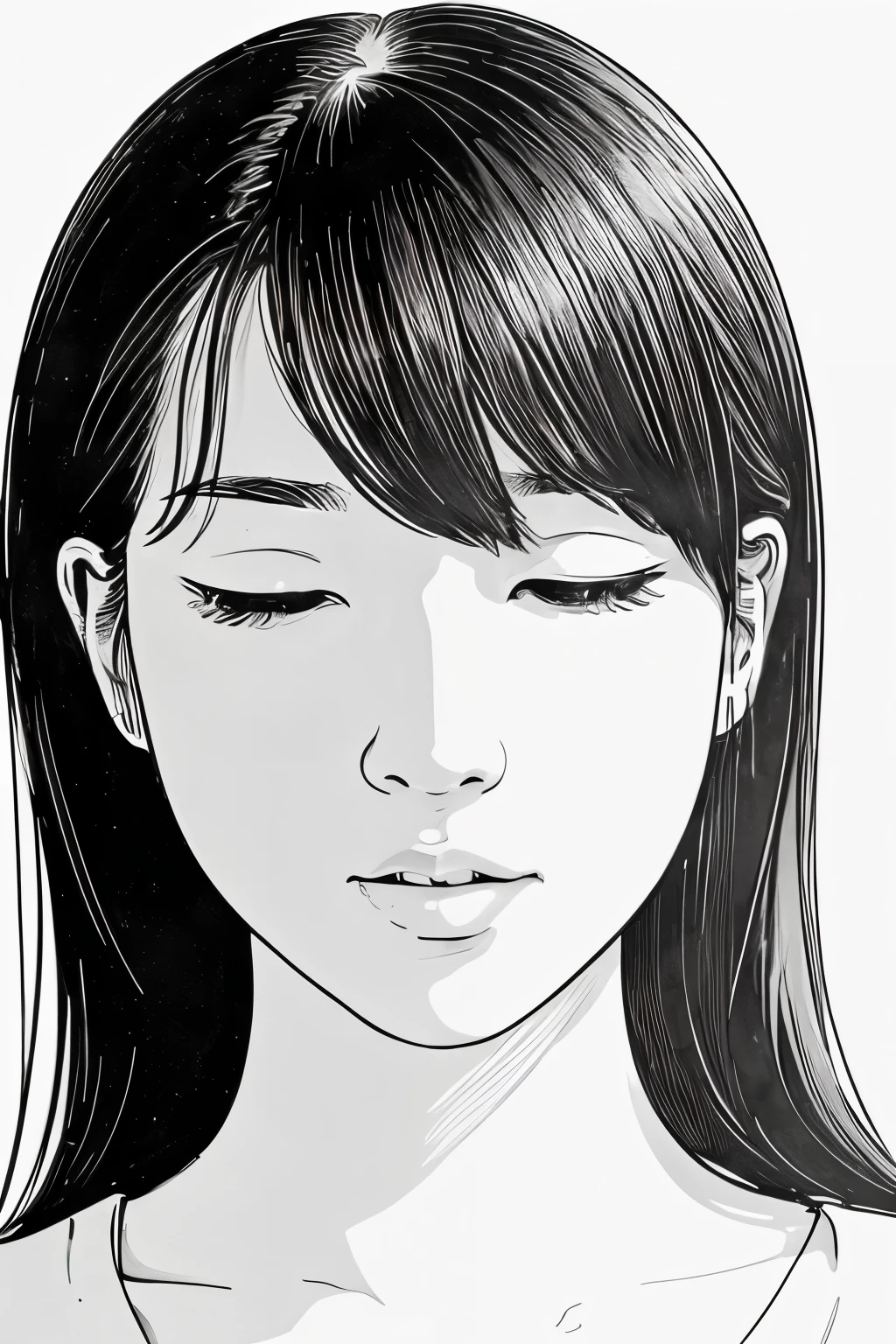 (best quality, high resolution, masterpiece:1.2), Super detailed, actual:1.37, (black ink sketch of Japanese woman), smooth lines, Expressive facial expressions and gestures, simple background, Emphasis on light and shadow and spatial perception, Abundant negative space, young girl.ink portrait,smooth lines,expressive facial features,Subtle emotions,Ink strength comparison,simple background,Emphasis on light and shadow,spacious,Abundant negative space,peaceful atmosphere,peaceful atmosphere,dreamy mood,Subtle yet charming details,pastel colors,Calm and introspective,elegant gesture,Gentle movements,Gentle and innocent,elegant whisper,Quiet and elegant,shining,sublime beauty,Vector illustration,black and white,Natural and organic,nourishing and calming,Sublime simplicity,Ethereal charm.