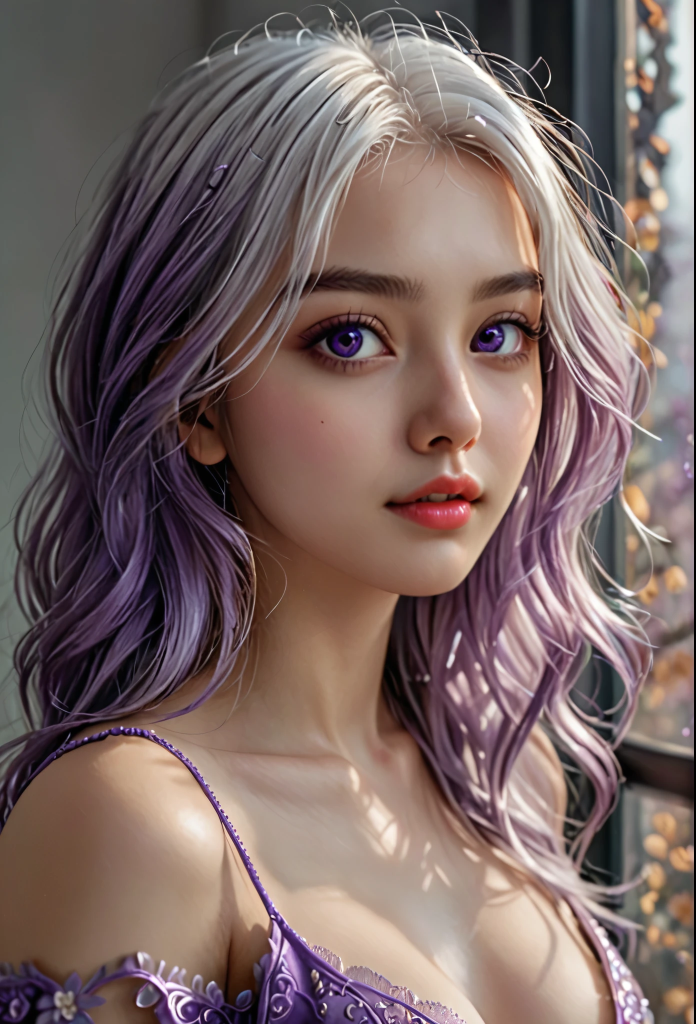  (hyperrealistic), (illustration), (high resolution), (8K), (extremely detailed), (best illustration), (beautiful detailed eyes), (best quality), (ultra-detailed), (masterpiece), (wallpaper), (photorealistic), (natural light), (detailed face), (high detailed realistic skin texture), (anatomically correct), (solo), (1 girl:1.52), (high detailed realistic hair), (white hair:1.35), (heterochromic eyes), (detailed eyes), (purple eyes:1.37), (sparkling eyes), (realistic huge breasts:1.53), (slender abs), (dynamic pose), (closed tiny mouth:1.3), (concentrated expression), (upon body from head to thigh:1.51), (dimple:1.34)