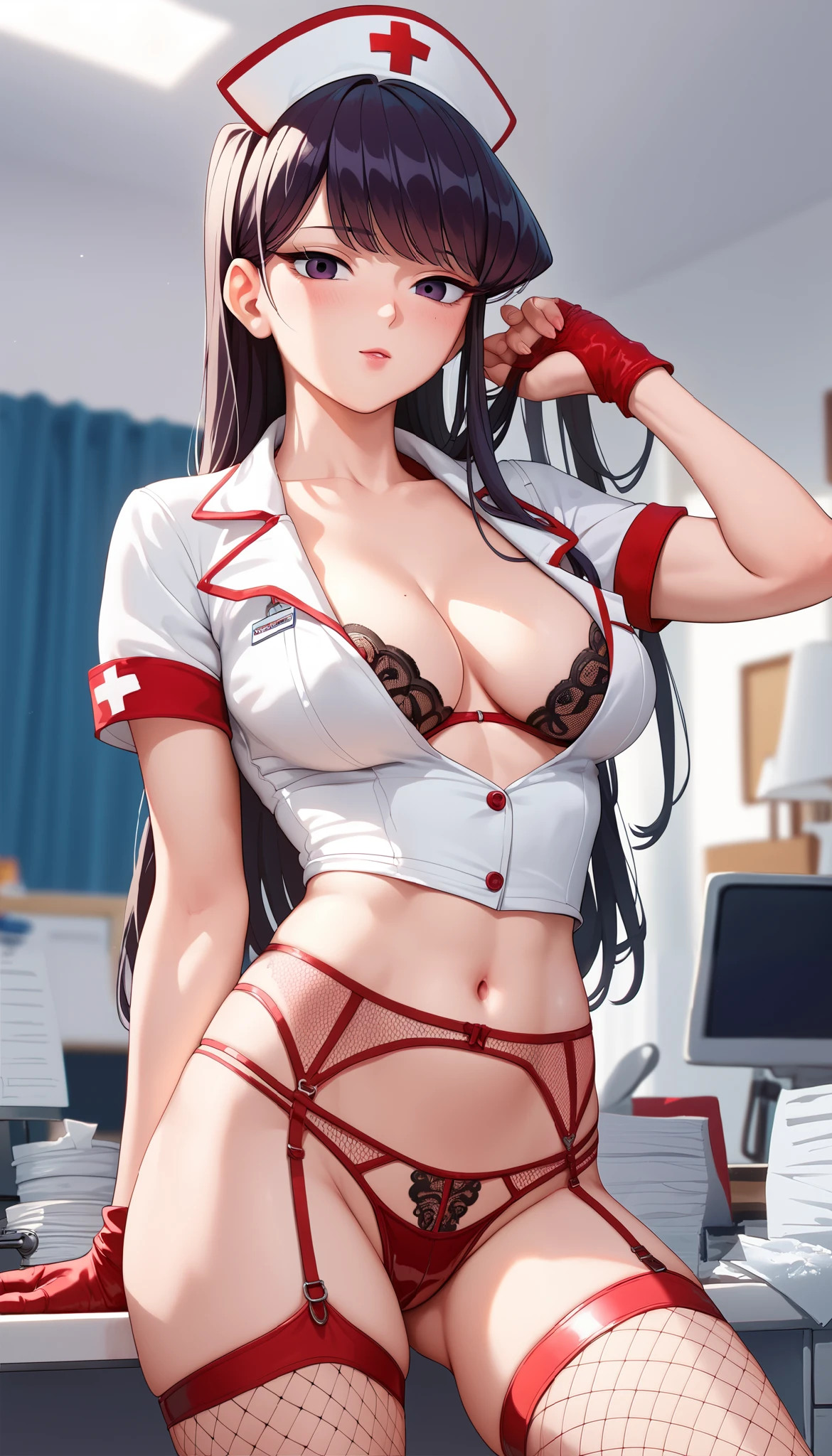 Sexy Komi Shouko with long hair, wearing black nurse uniform, in her office, legs in red fishnet stockings, garter belt, latex underwear, cleavage, breasts, depth of field, cinematic lighting, anatomically correct, high detail