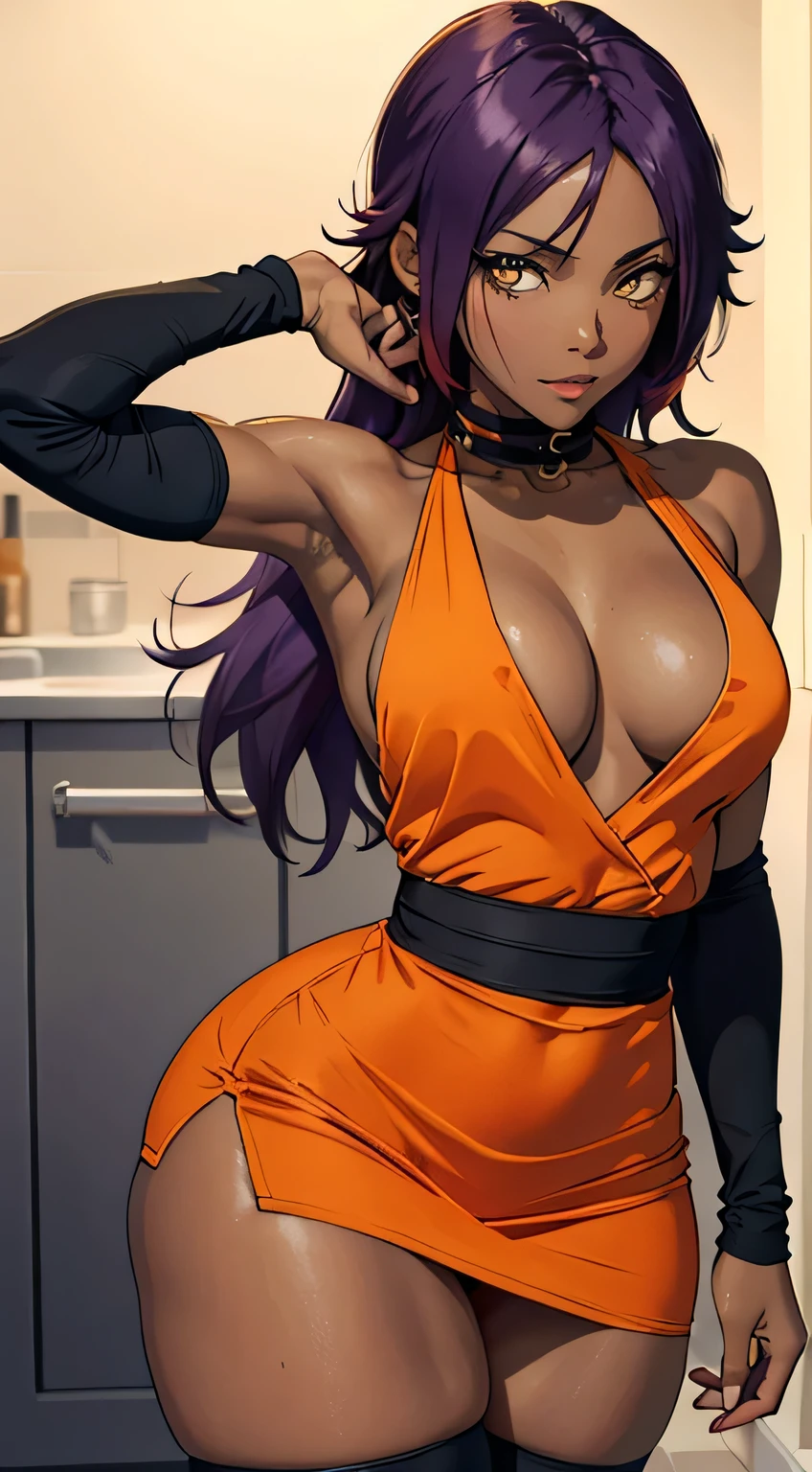 (best quality:1.3), Yoruichi Shihouin, detailed eyes, to hide, cleavage, seductive , ((thick thighs)), wide hips, narrow waist, sexy, body curvy, big ass, toned body, athletic body, big boobs, ((orange_mini_short_dress)), ((thighhigh)), ((full body shot)) purple hair, feline traits, shinny skin, taned skin, slim body, small breasts,
