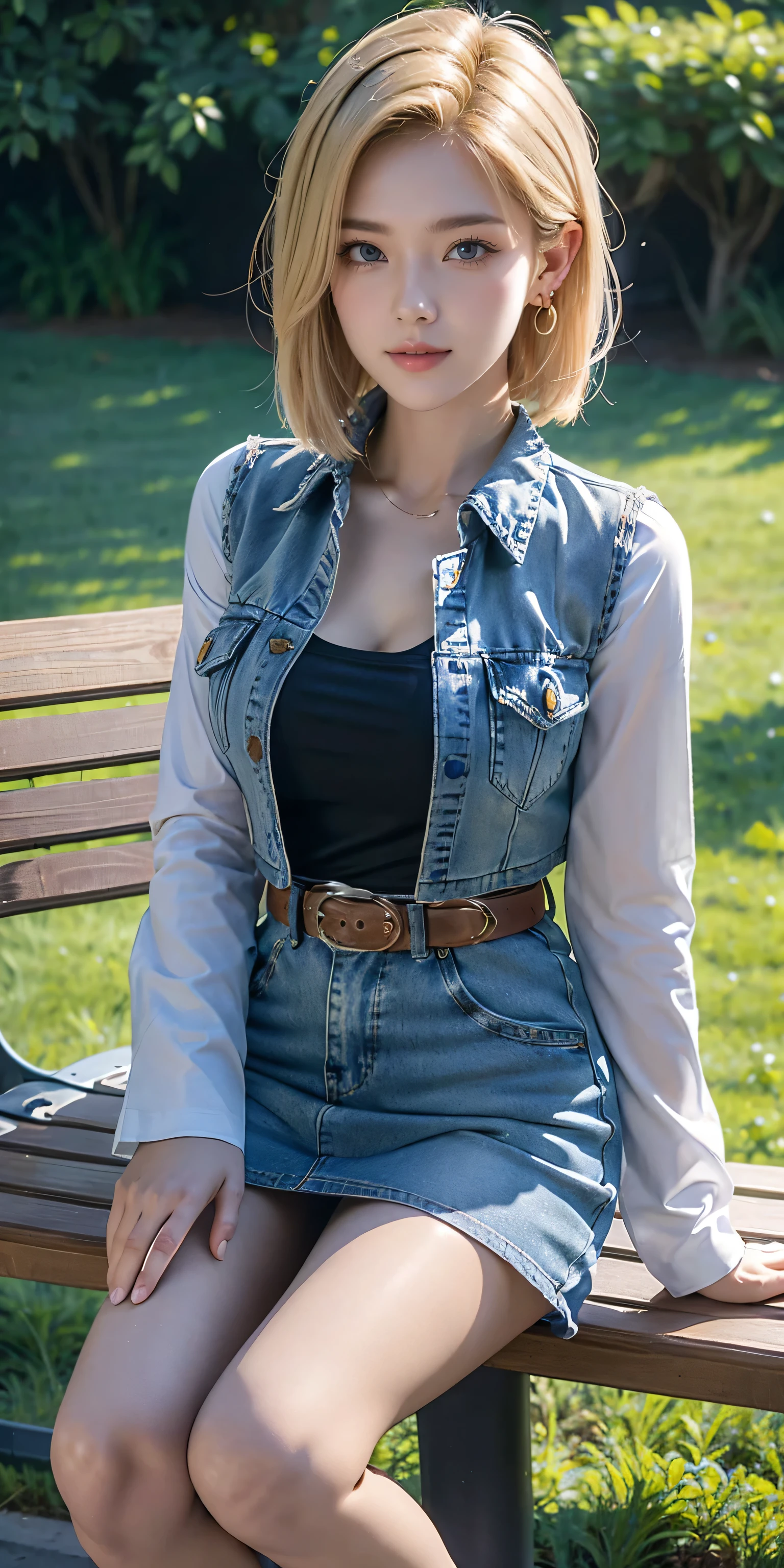 Android 18, Light Blonde hair, Medium Bob hair, Blue eyes, Wearing earrings, Long sleeves, Light blue denim mini skirt, The denim skirt on stitching clearly run vertically in a white dotted line all the way to the bottom of the denim skirt, Open-chested denim vest, Black T-shirt with high cleavage, Large breasts, Women's Western Cowgirl Belt, Dark brown see-through pantyhose, Western short boots, Looking at viewer, Slight smiling with closed lips sitting, On bench, She lifts her left knee and leg and places them on top of her left knee, Than She places her right palm on her right knee, Blue sky, sit on a bench, outside, park, grass, Summer, trees, blue sky, high quality, masterpiece,
