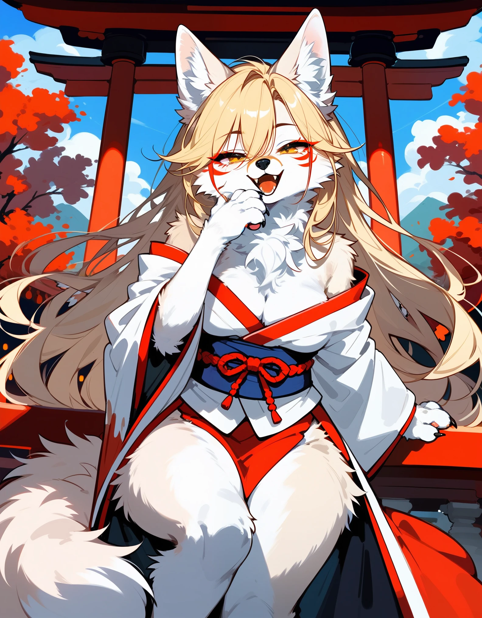 (score_9,score_8_up,score_7_up), (furry), female fox, mature female, ((white fur)), body fur, blonde hair, mature female, yellow eyes, fox paws, pawpads, claws, long hair, half-closed eyes, red eyeliner, seductive smile, shaded face, open mouth, fangs, medium breasts, wide hips, black, kimono, [cleavage], hand on own mouth, outdoors, Japanese shrine