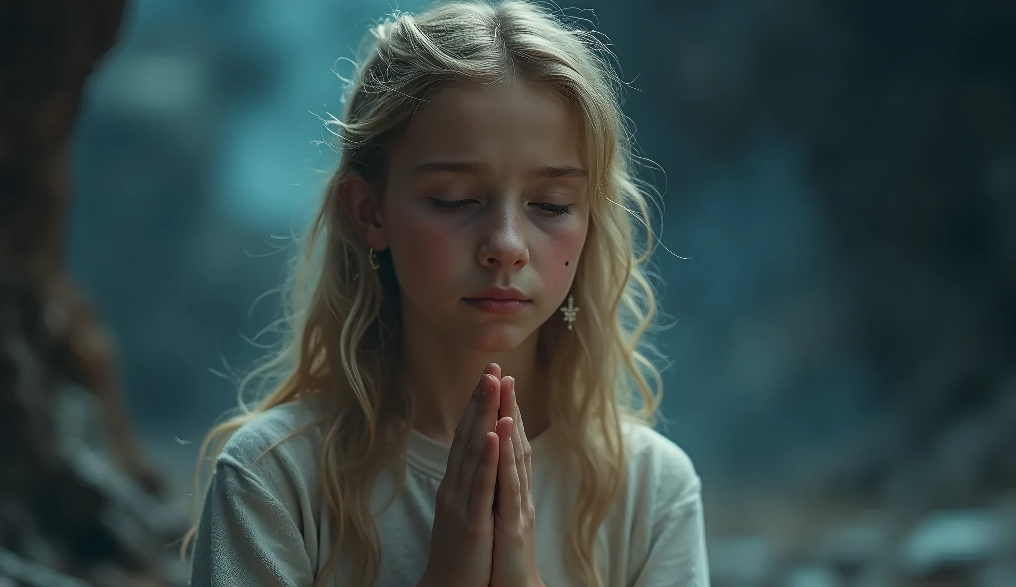 Make an image of an 11-year-old blonde girl with light blue eyes, branca, with curly hair like an ultra beautiful angel fighting karate and make her an angel of beauty