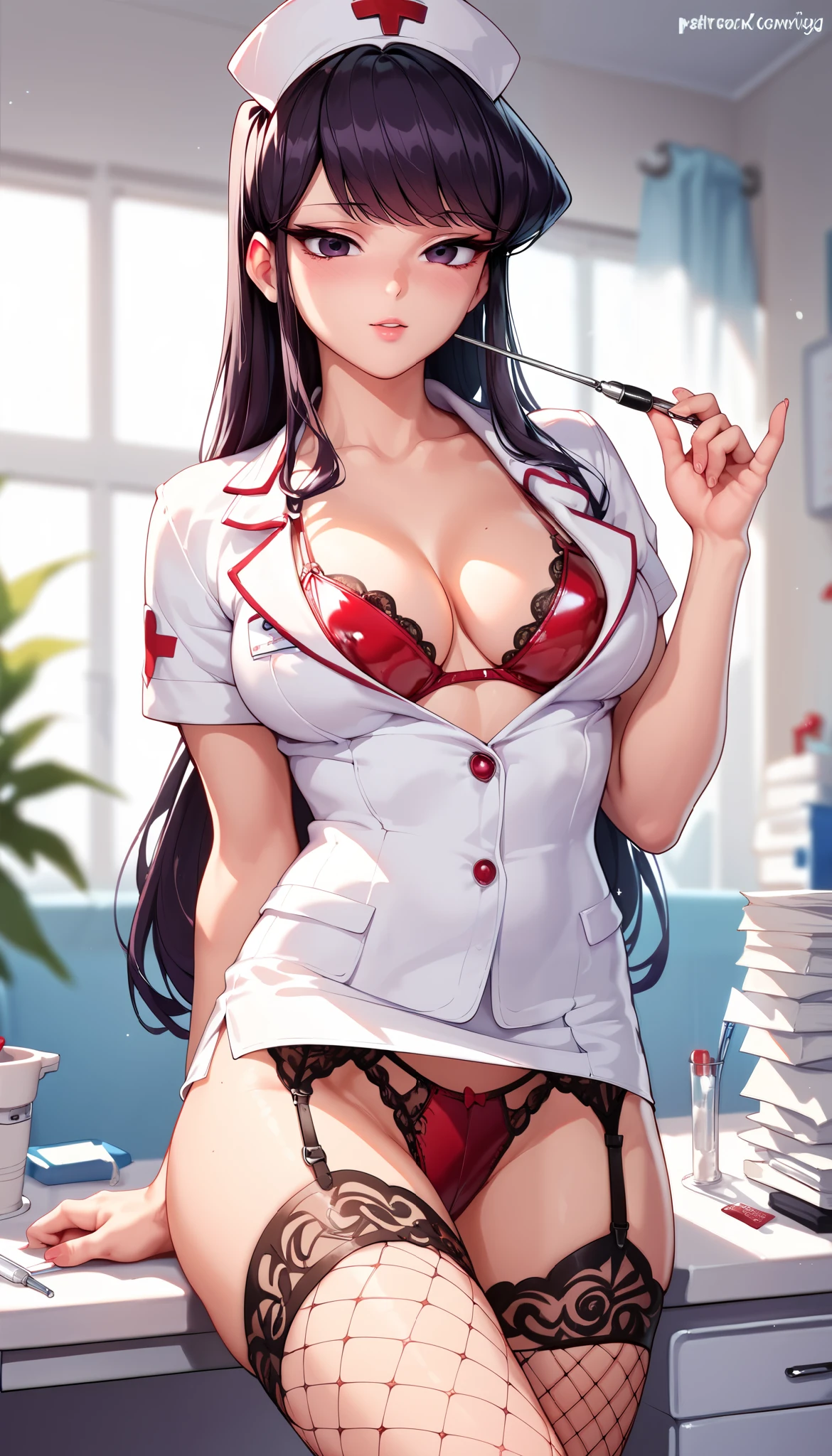 Sexy Komi Shouko with long hair, wearing black nurse uniform, in her office, legs in red fishnet stockings, garter belt, latex underwear, cleavage, breasts, depth of field, cinematic lighting, anatomically correct, high detail