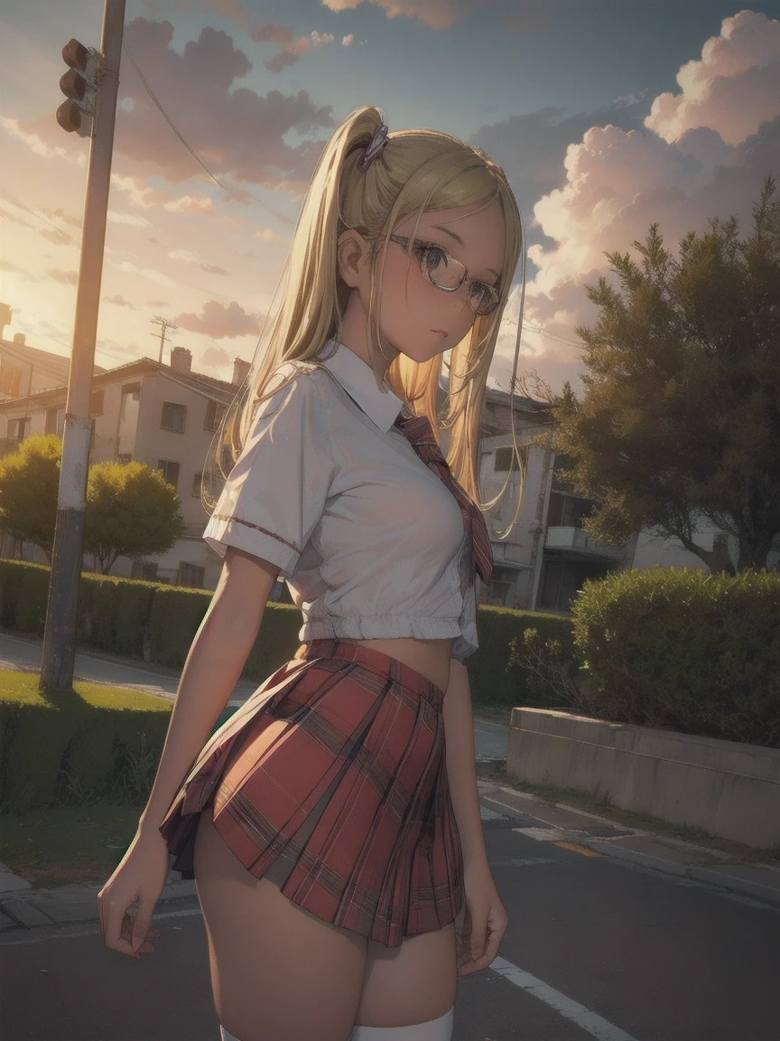 Sally Acorn,  1 girl, Alone, tree, null, Outdoor, skirt, cloud, brown, Blonde, sunset, lens, Flare, scenery, School, uniform, sun, wind, length, sleeves, Animal Nose, catholic school uniform