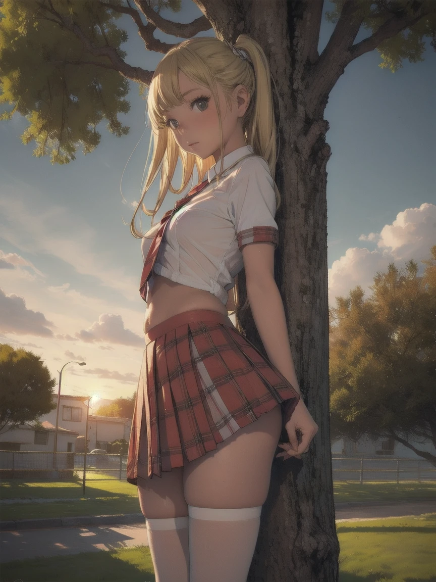 Sally Acorn,  1 girl, Alone, tree, null, Outdoor, skirt, cloud, brown, Blonde, sunset, lens, Flare, scenery, School, uniform, sun, wind, length, sleeves, Animal Nose, catholic school uniform