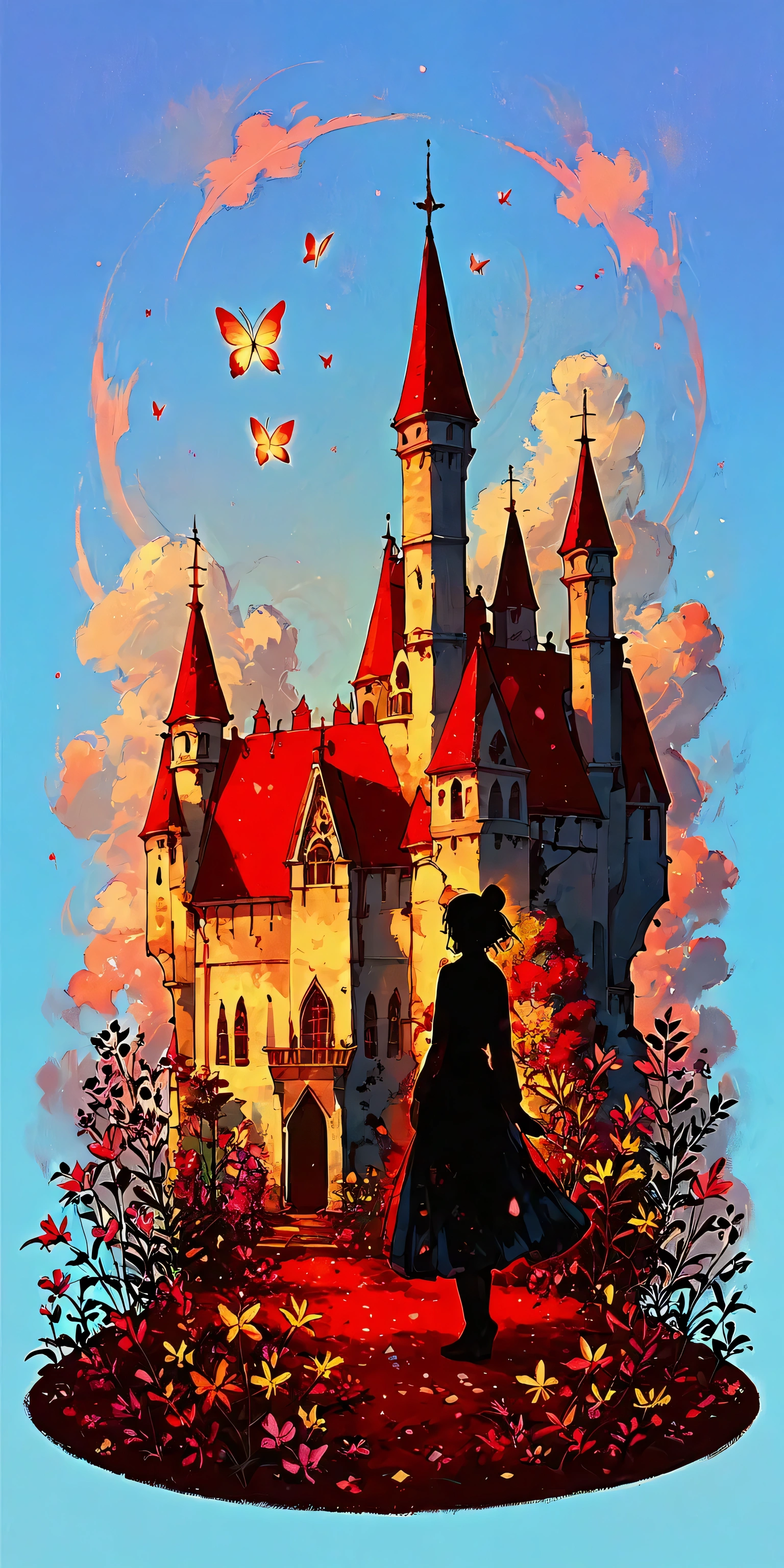 a very beautiful castle/(full body/),colorful butterflies,many flowers and petals,colorful,pastel color,vivid color.score_9, score_8_up, score_7_up, score_6_up, score_5_up, score_4_up, source_anime,source_furry,rating_safe,rating_questionable,masterpiece, best quality, perfect anatomy , very aesthetic , absurdres ,