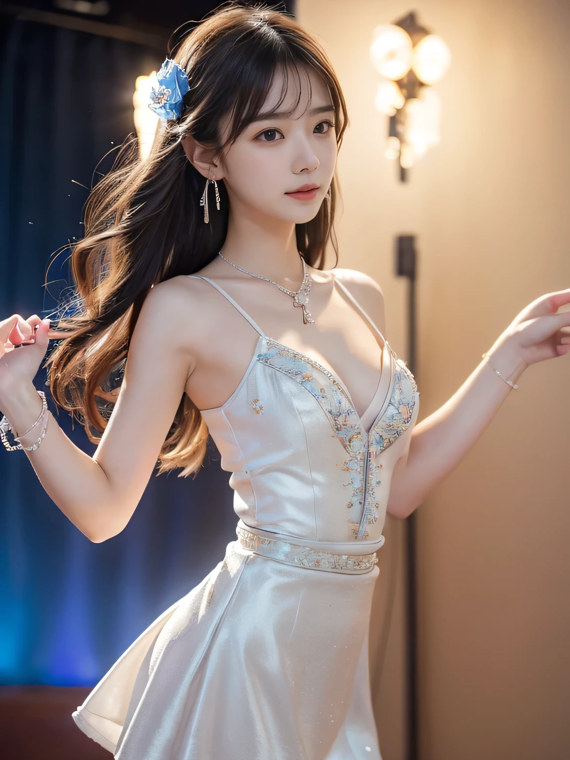 Are thin,Very small cleavage,skirt,masterpiece, Highest quality, figure, Sax Blue, Platinum Earrings, Platinum Necklace, White dress with colorful details,embroidery,Flowers,gem, One girl, cute, (Dynamic Lighting:1.2), Cinema Lighting, Delicate facial features, Fine grain, Sharp pupils, Realistic students, Depth of written boundary, Bokeh, Sharp focus, (Ultra-detailed, bloom, shine:1.4), たくさんの小さなgem