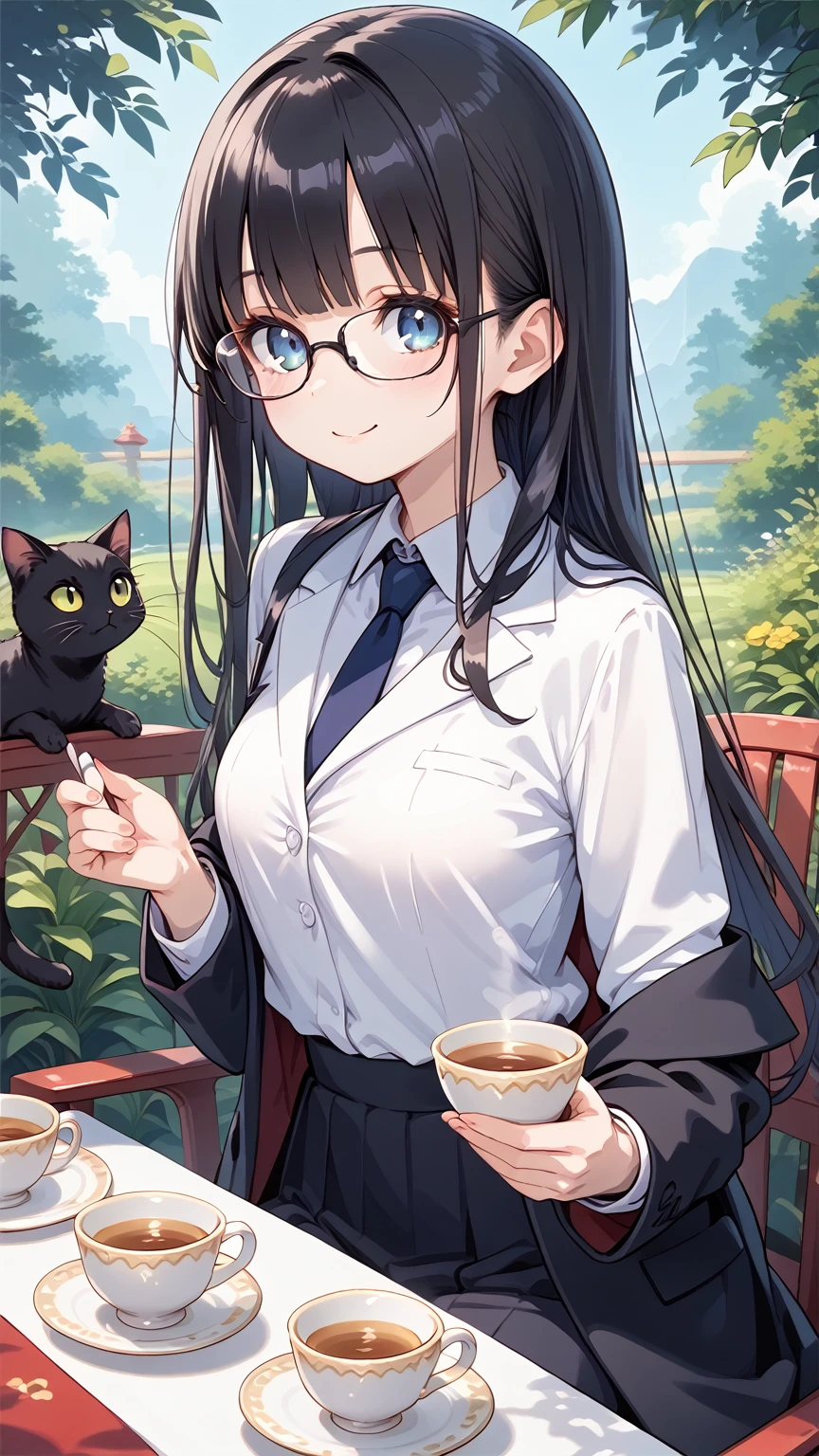  1 girl,Black Hair,  long hair,Glasses,suit, afternoon tea next to cat ,Tea Party