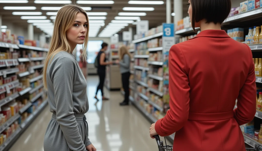 A tense, dramatic scene set in a large, brightly lit supermarket. Nexia stands at one end of a long aisle, dressed casually in a grey tracksuit that emphasizes her tall, slender figure. Her long brown hair with blonde highlights is loosely tied back, and her hazel eyes are filled with shock and disbelief as she spots someone familiar at the far end of the aisle. She grips her shopping basket tightly, her posture rigid, frozen in place.

At the opposite end, several meters away, stands the other woman—distinctly different in appearance. She has short, sleek black hair styled in a chic bob, sharp blue eyes, and wears a fashionable, form-fitting red coat over a black dress. She holds onto a grocery cart, her expression composed yet subtly defiant, as if aware of Nexia’s stare. The distance between them is palpable, with rows of colorful products and shelves filled with goods creating a physical barrier, emphasizing the emotional chasm between them.

The background hum of shoppers and the beeping of cash registers are faint, almost drowned out by the intensity of their shared glance. The fluorescent lights cast a cold, sterile glow, heightening the tension of this unexpected encounter. The scene captures the silent, distant confrontation, laden with unspoken accusations and realizations, as Nexia faces the woman she suspects of being her husband’s lover from afar.,ek_ph0t0_b00ster, Nexia
 ((anti))