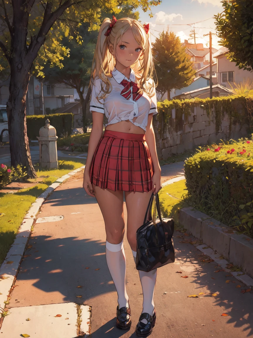 Sally Acorn,  1 girl, Alone, tree, null, Outdoor, skirt, cloud, brown, Blonde, sunset, lens, Flare, scenery, School, uniform, sun, wind, length, sleeves, Animal Nose, catholic school uniform

