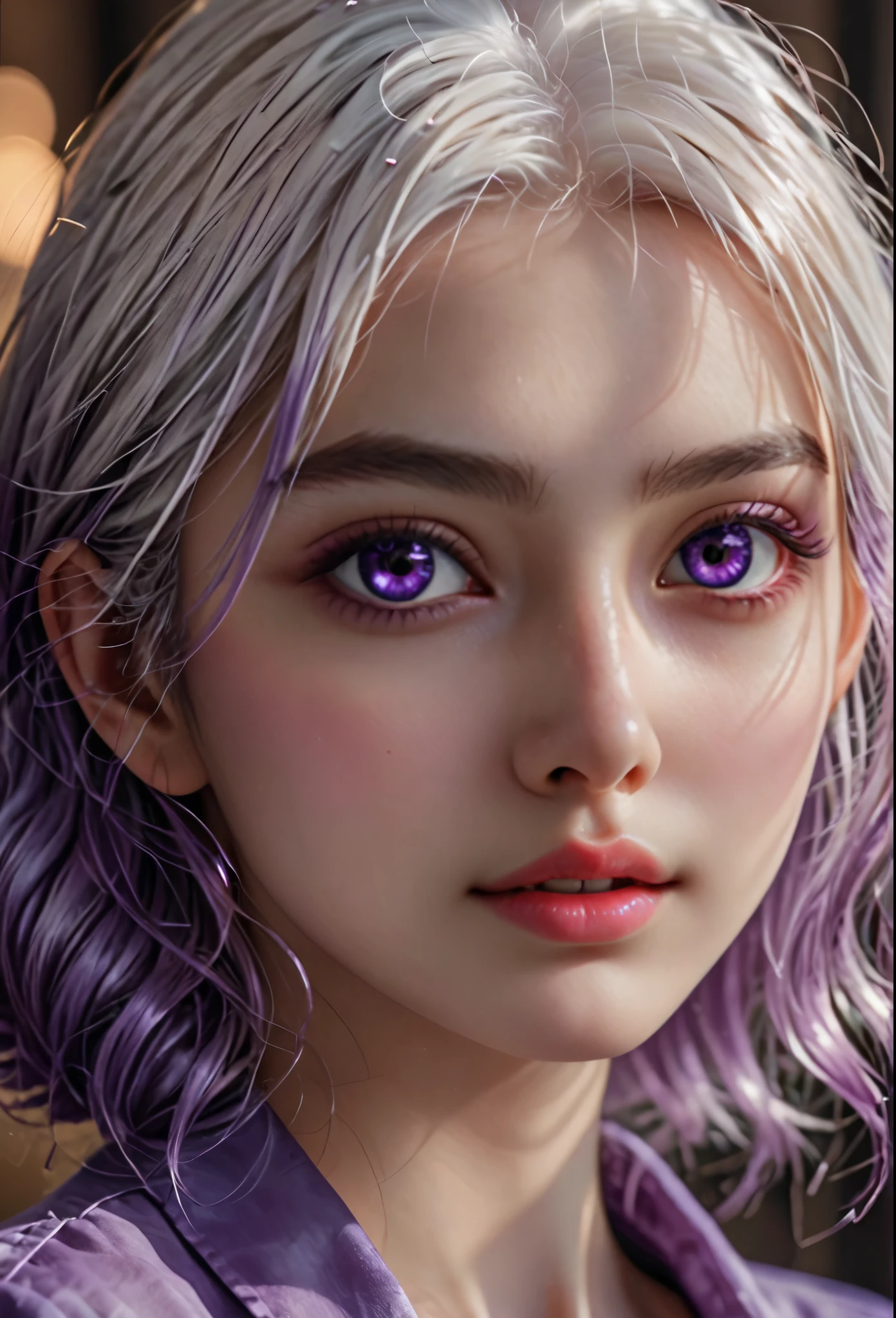  (hyperrealistic), (illustration), (high resolution), (8K), (extremely detailed), (best illustration), (beautiful detailed eyes), (best quality), (ultra-detailed), (masterpiece), (wallpaper), (photorealistic), (natural light), (detailed face), (high detailed realistic skin texture), (anatomically correct), (solo), (1 girl:1.52), (high detailed realistic hair), (white hair:1.35), (heterochromic eyes), (detailed eyes), (purple eyes:1.37), (sparkling eyes), (realistic huge breasts:1.53), (slender abs), (dynamic pose), (closed tiny mouth:1.3), (concentrated expression), (upon body from head to thigh:1.51), (dimple:1.34)