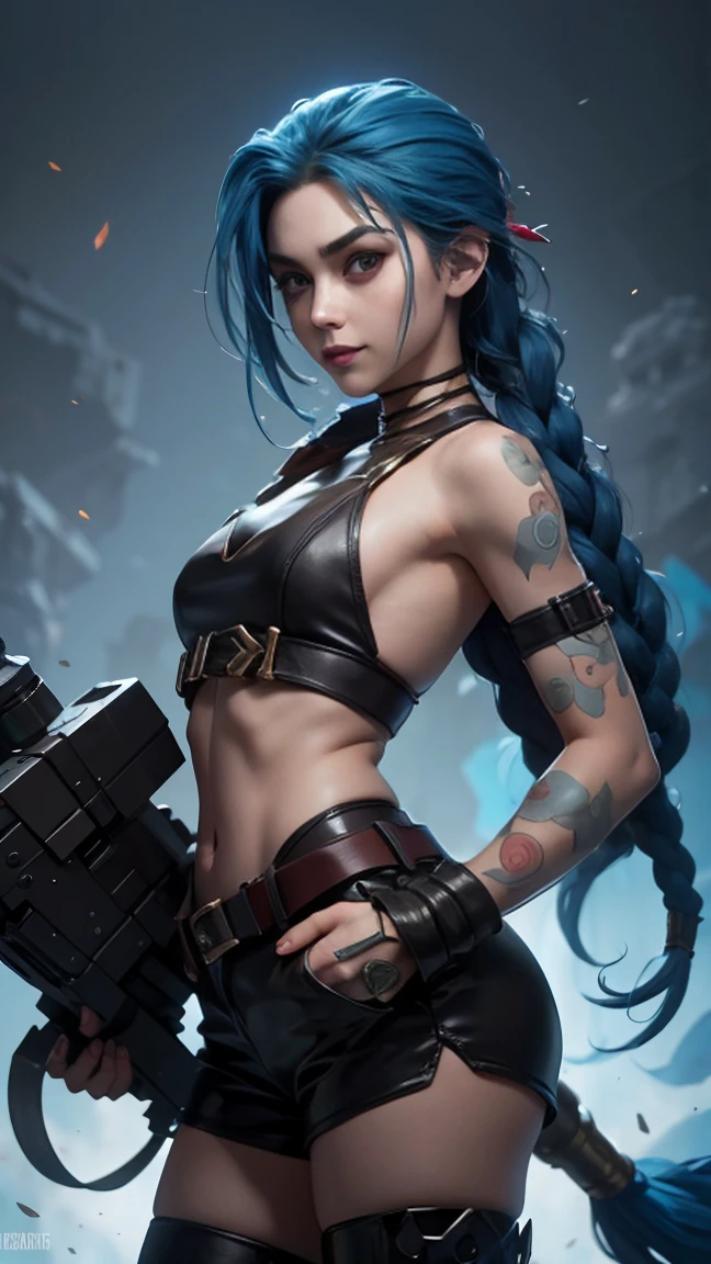 jinx, arcane, Crazy, Close-up photos、Inappropriate smile、Jojo Standing、Turn your back to the camera、only face、despise、Toes、unclear、Heavy equipment、bulletproof vest、raise arms、Dynamism、Perspective、odd eye、Windstorm、Feeling of sprinting、Dull hair、Red pattern、A sexy、glamor