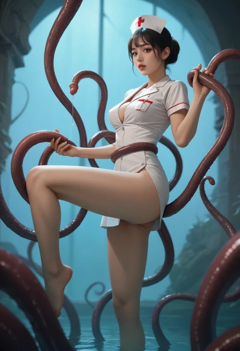 A beautiful nurse is wrapped in tentacles on her hands and breasts,The tentacles wrapped around both legs and lifted one leg up.