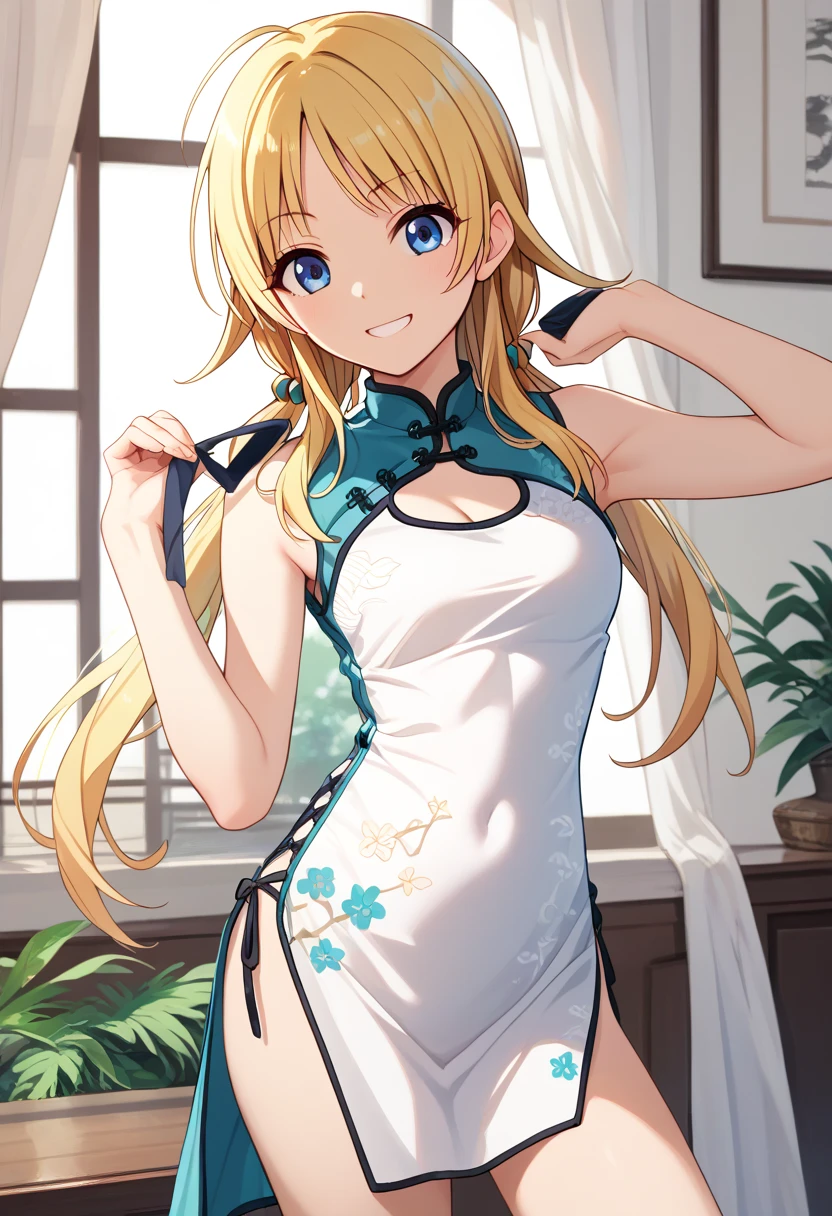 1girl, solo,
hachimiya meguru, 1girl, blonde hair, low twintails, long hair, blue eyes,
china dress,
smile,