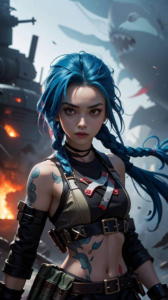 Jinx,shark rocket,Fierce eyes, red eyes,Ferocious face,Machine Gun , Heavy Weapons , best quality,An excellent masterpiece,War,battlefield background
