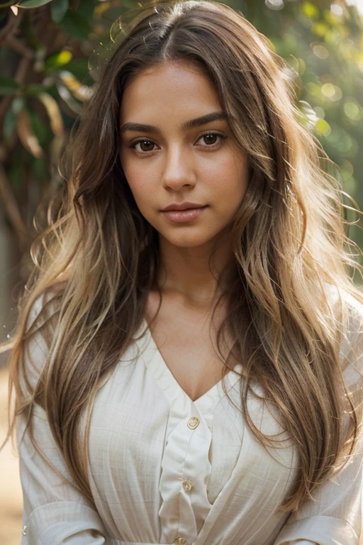 A young American skirtlift girl with a charming aura. Your curly hair is voluminous and lush, with defined curls that cascade around her face, almost like a natural frame. The curls are dense, with highlights that vary from light brown to dark brown, reflecting sunlight dazzlingly.Your eyes are a deep brown, grandes e expressivos, seeming to contain a world of youthful curiosity and wisdom. They shine brightly, always pay attention to your surroundings, observing and learning from everything they see.Your skin is a warm caramel tone, uniform and smooth, remembering the shine of honey under the light. This tone harmonizes perfectly with your slightly pink cheeks., that stand out when she smiles, revealing an open and sincere smile.Your eyebrows are well defined and slightly arched, giving you a naturally curious and cheerful expression. Your lips are full and have a natural pink tone., harmoniously complementing your face.Ao se movimentar, your presence is radiant and full of energy, with a natural grace that shines through in every gesture. She wears comfortable and colorful clothes, that further enhance your vivacity and youthful charm.
