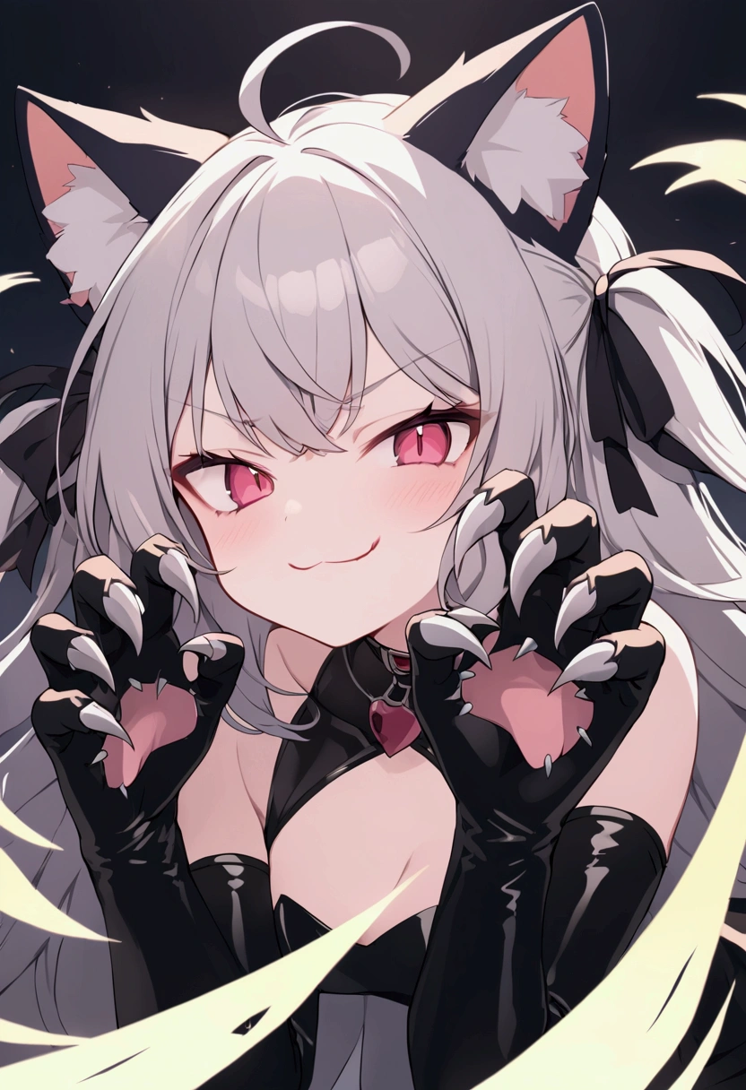 Best quality: 1.0), (Super High Resolution: 1.0), extremely detailed character, detailed hands, half-dragon girl, horns, scales on the neck, scales on the shoulders, scales on the forearm, scales on the cheek, extremely detailed black dragon tail, extremely detailed hair, short hair, white hair, black locks, extremely detailed eyes, yellow eyes, cat eyes, 2d, tomboy girl, anime art, yin-yang symbol in the background of the image half blurred, ((prey))