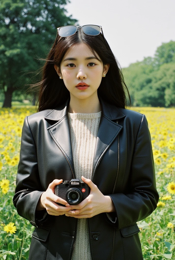 Create a picture of a young woman standing  under the tree among yellow flower field. She is wearing a stylish black leather jacket over a light knitted sweater, giving off a casual yet chic vibe,. Her long, dark hair flows naturally,holding leica camera, and she has sunglasses perched on top of her head, adding a touch of sophistication. She gazes directly at the camera with a soft but confident expression. The overall mood is cool,shooting camera by leica,vintage tone, and relaxed, with a focus on casual street style in an everyday setting. 