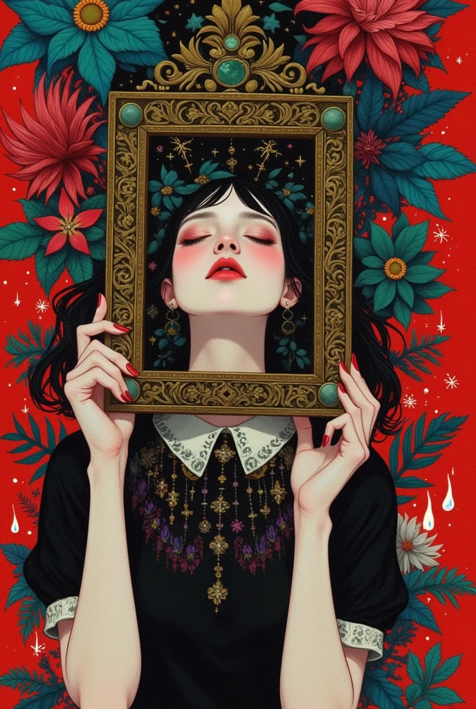 beautiful hands with red nails, holding an ornate mirror that reflects the sacred heart of God in front of her face, surrounded by flowers and fire, surrealism