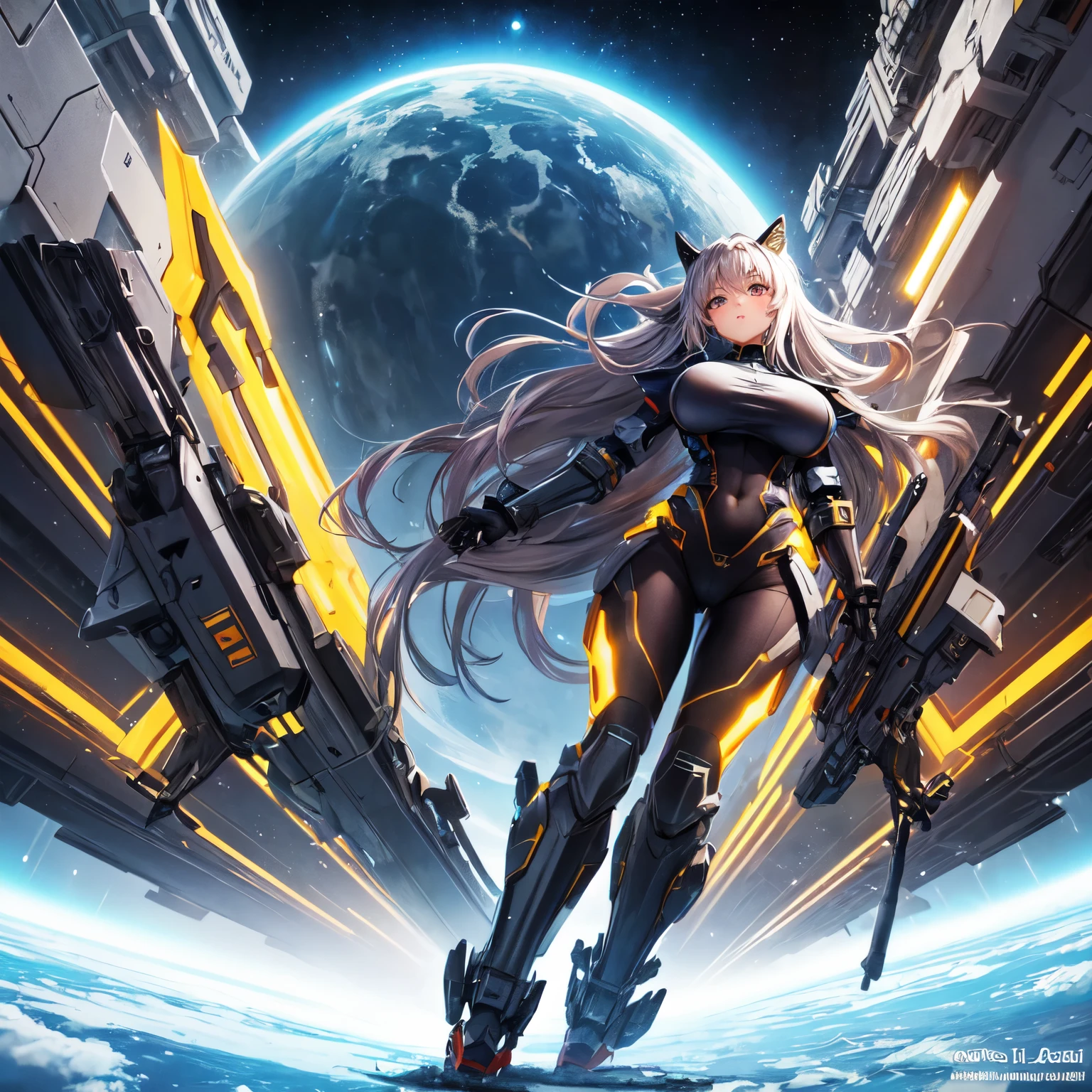 (masterpiece, best quality, extremely detailed CG, beautiful detailed red eyes, ultra-detailed, perfect face, ultra-detail, floating in Space capsule, intricate details:1.2), full body, colorful, technology, mecha musume, exploration, space marine, pose, future light armor, tights, medium breasts, animal ears, saber, serious expression, (1 girl with long hair, spaceship, outer space, space space shuttle, spacecraft, floating hair, universe:1) equips future weapons, technology, serious expression, bleak scene, vast horizon, (super wide angle:1.3)