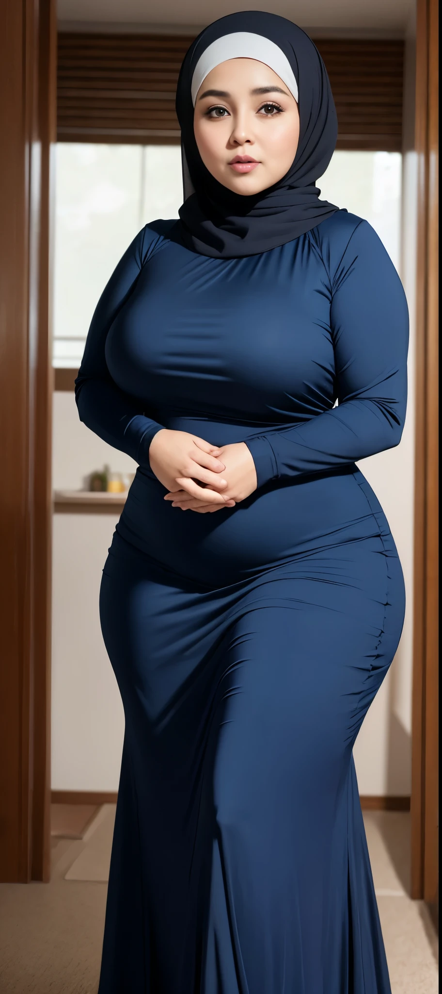 Chubby woman with fat belly and tight thighs, full body, 50-year-old mature woman, thick hips, thick neck, thick chest, big eyes, wearing a longest dress, wearing a hijab, hijabi woman