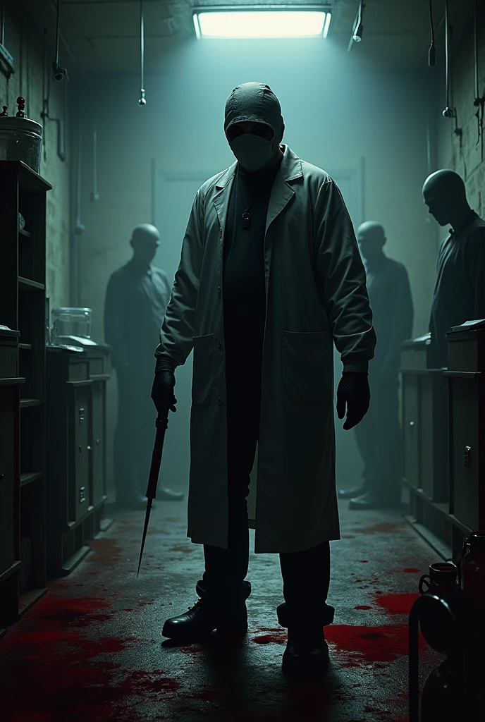 A dark morgue hallway with flickering lights. In the distance, the silhouette of a sinister of a man with his abdomen opened by the autopsy running towards the viewer, leaving a trail of blood, atmosphere of fear and horror.