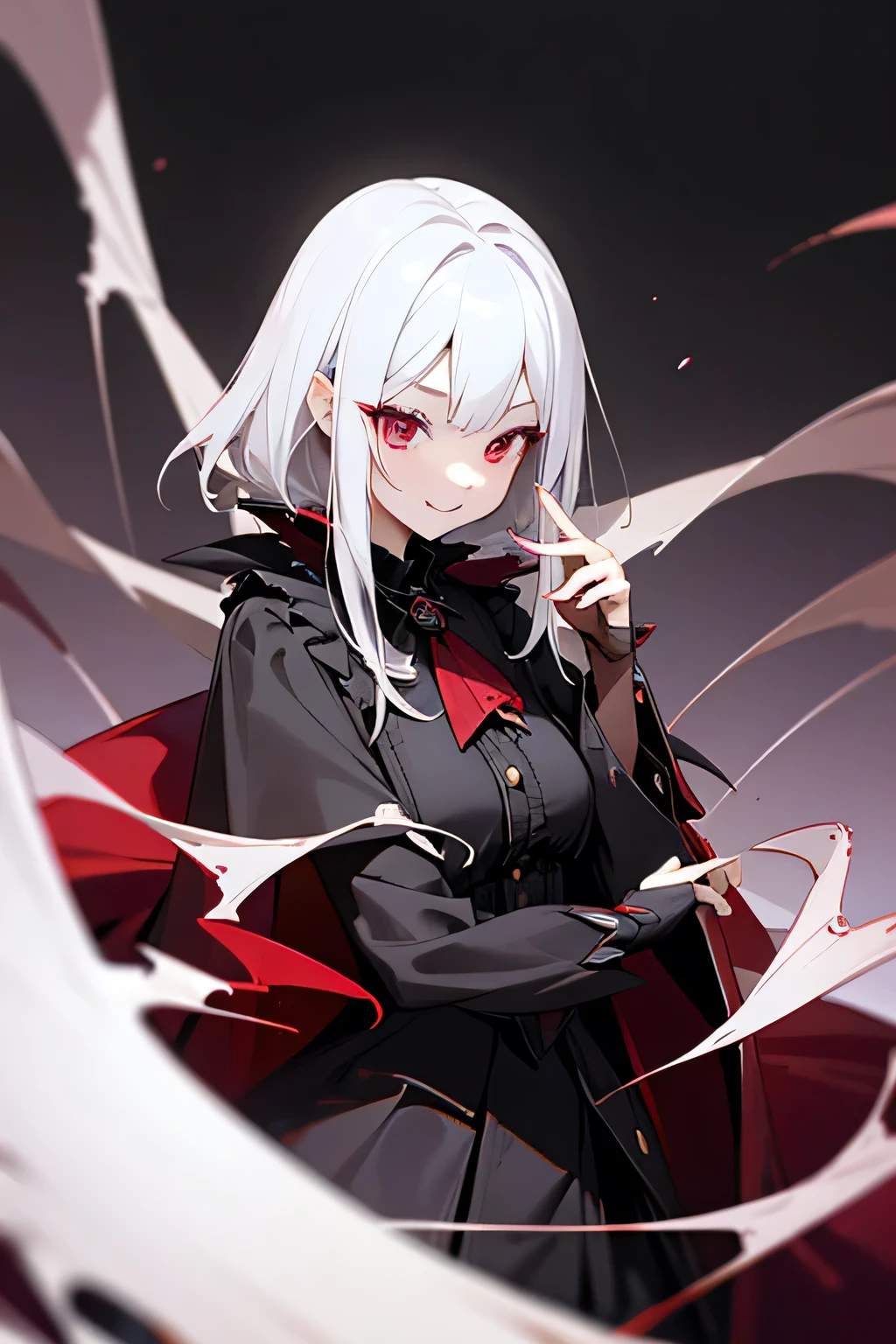 (fine, sharp image, super resolution, extremely amazing detail, awesome detail), subsurface scattering, best ratio of four fingers and one thumb, best quality, high quality, (1girl:1.2 ), solo, white hair and red eyes, vampire, indifference, soyosoyo:1.2, scorn smile