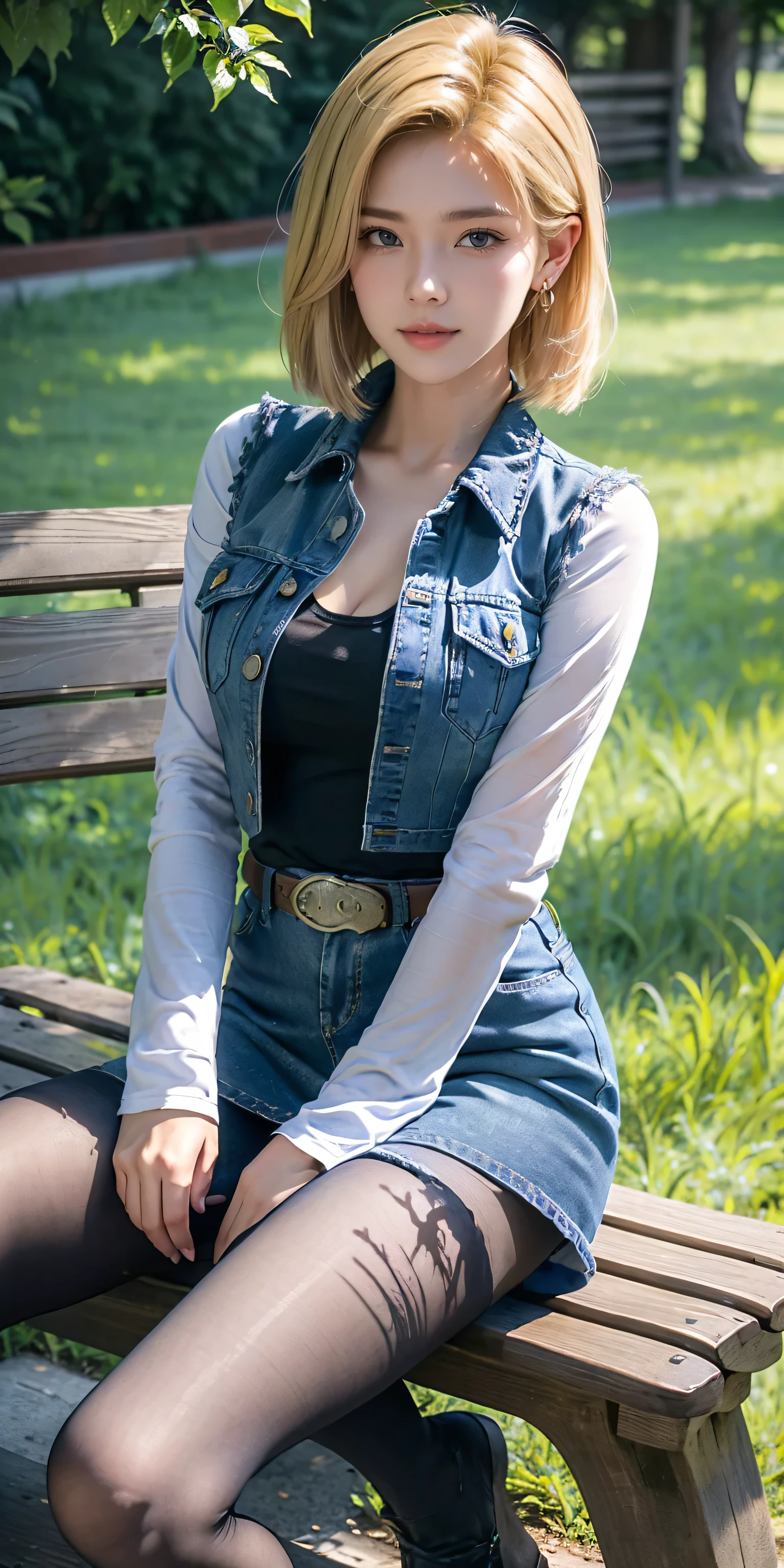 Android 18, Light Blonde hair, Medium Bob hair, Blue eyes, Wearing earrings, Long sleeves, Light blue denim mini skirt, The denim skirt on stitching clearly run vertically in a white dotted line all the way to the bottom of the denim skirt, Open-chested denim vest, Black T-shirt with high cleavage, Large breasts, Women's Western Cowgirl Belt, Dark brown see-through pantyhose, Western short boots, Looking at viewer, Slight smiling with closed lips sitting, She Sit On a bench, she spreads her legs to both sides ,Blue sky, sit on a bench, outside, park, grass, Summer, trees, blue sky, high quality, masterpiece,