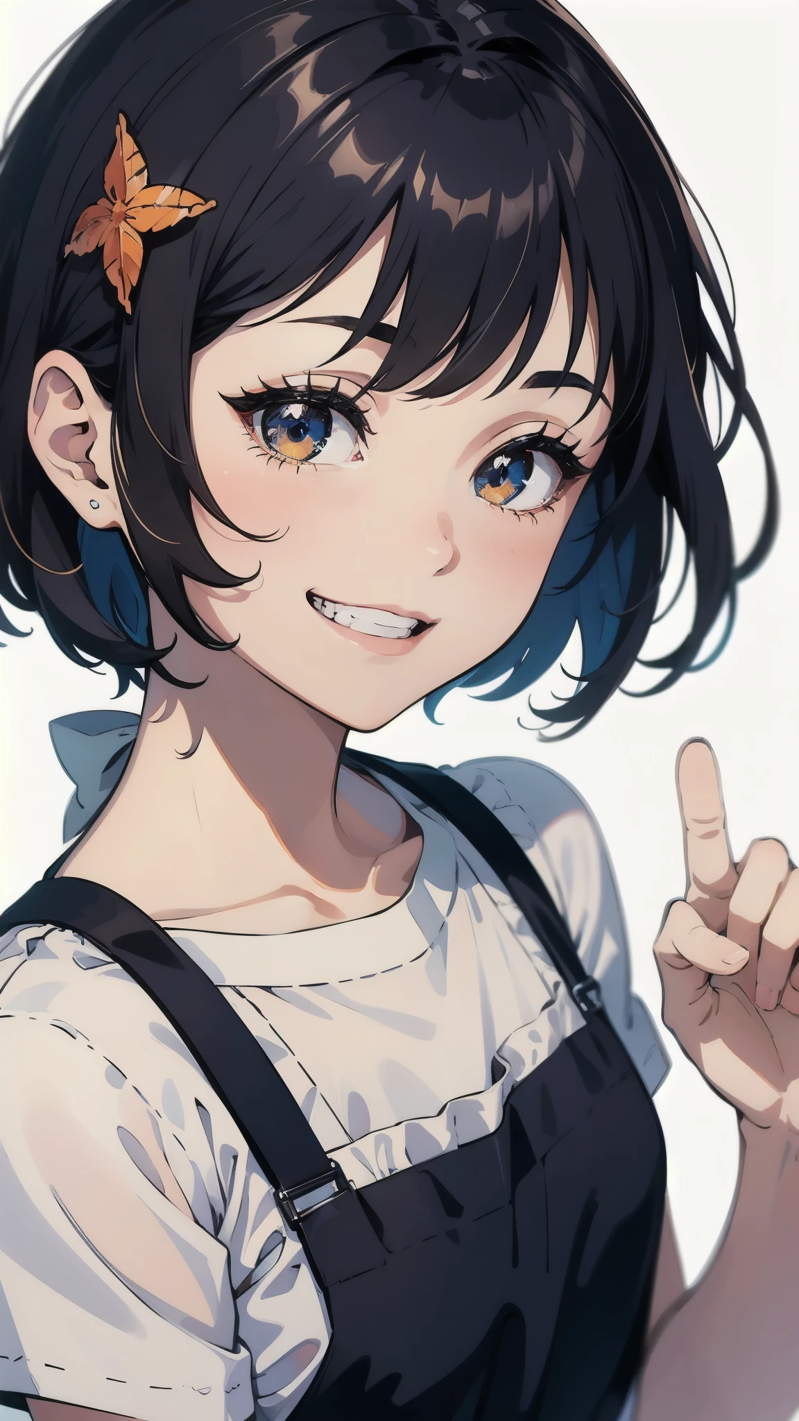 high quality,Black Hair、short hair、Blue inner hair color mesh、rolling eyes、smile、Piercings in both ears、Neutral Facial Features、Wear a black T-shirt、Ahegao Double Peace、Zoom in on face