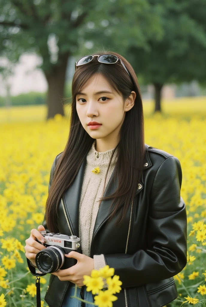 Create a picture of a young woman standing under the tree among yellow flower field. She is wearing a stylish black leather jacket over a light knitted sweater, giving off a casual yet chic vibe,. Her long, dark hair flows naturally,holding leica camera, and she has sunglasses perched on top of her head, adding a touch of sophistication. She gazes directly at the camera with a soft but confident expression. The overall mood is cool,shooting camera by leica,vintage tone, and relaxed, with a focus on casual street style in an everyday setting.