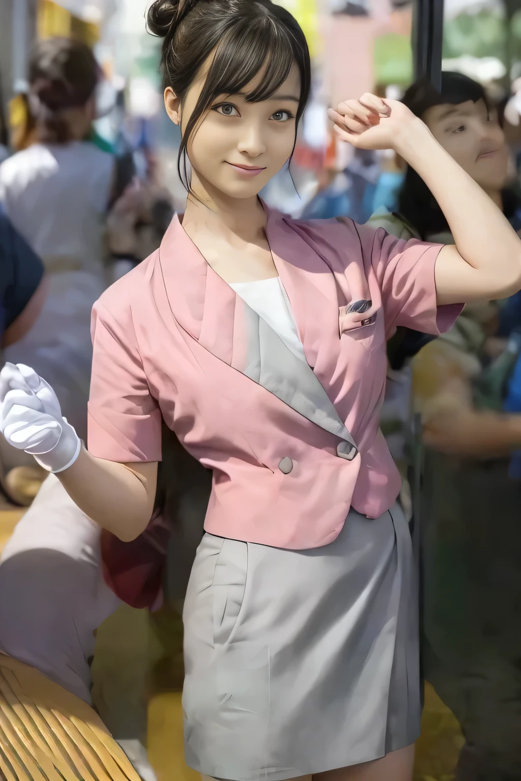 (masterpiece:1.2, Best Quality:1.2), 32kHDR, Hi-Res, (Alone、 1 girl)、(Rooftop of a building during the day、Professional Lighting)、With the roof of the building in the background 、(Nankai train crew uniform pinkを着たリアルスタイル)、(Nankai Electric Railway crew uniform, pink, Short sleeve, Collarless, pink jacket、Nankai Electric Railway crew uniform pink no-collar short-sleeve blouse、Nankai Electric Railway crew uniform pink grey knee-length culottes)、((The bottom of the pink short-sleeved jacket cannot be tucked into the clay-colored culottes..))、 dark brown hair 、(Hair tied up、Hair Bun、Hair Bun)、 dark brown hair 、Long Hit、Big Breasts、Thin legs、((Great hands:2.0)),(( harmonious body proportions :1.5)),((Normal limbs:2.0)),((Usually refers to:2.0)),(( DELICATE EYES FULL OF DECISION:2.0)),((Normal eyes:2.0)))、smile、(Nankai Electric Railway crew uniform pink grey knee-length culottesを見せた美しい立ち姿)