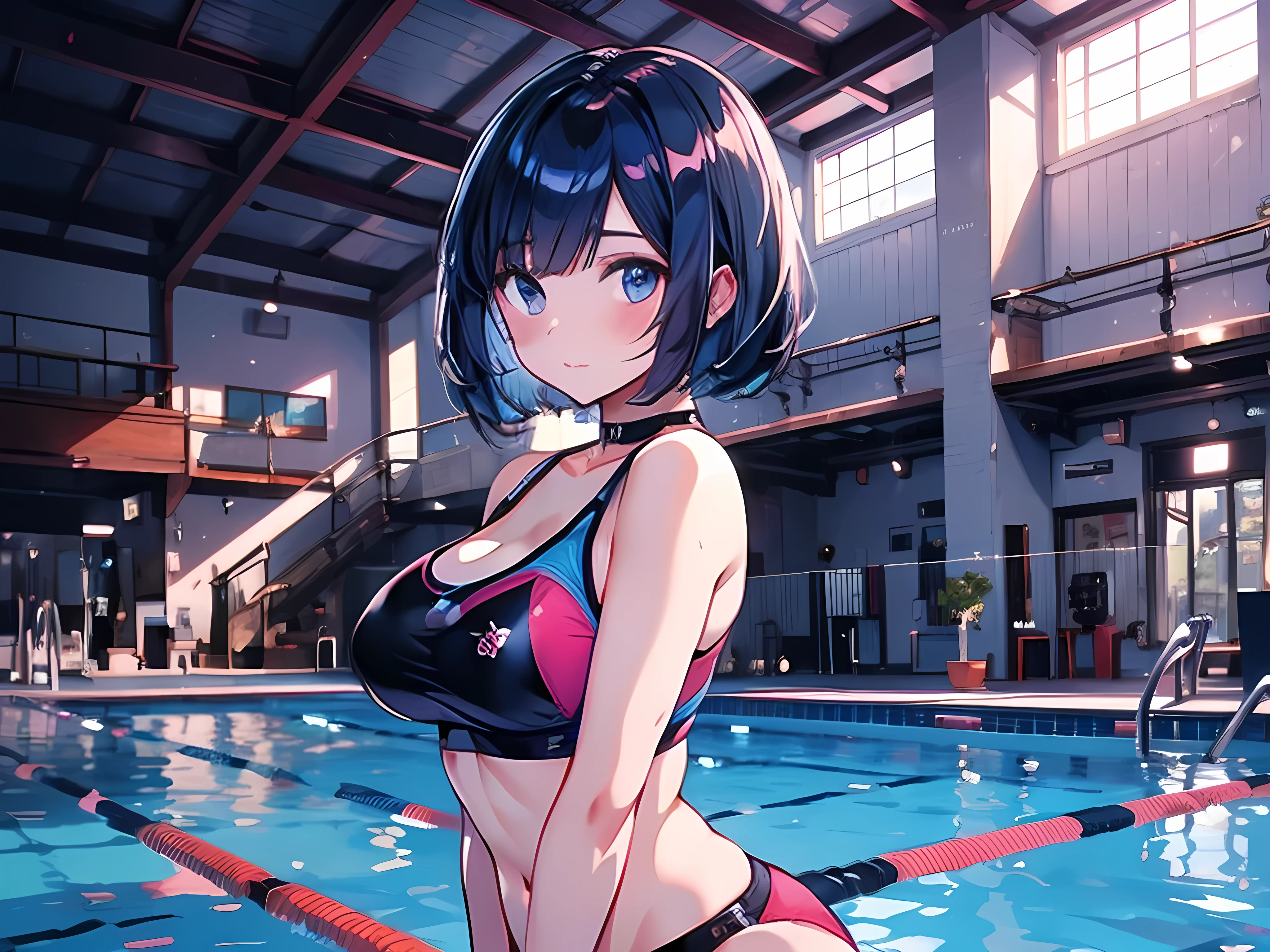 Super detailed,(masterpiece)、(Best Quality)、 1.   preserves a highly detailed face ,  bob cut from the front,    blue hair ,   big breasts at the temple,Narrow eyes,   purple  ,Indoor pool in the morning,8k,    young woman  ,Gym Wear,