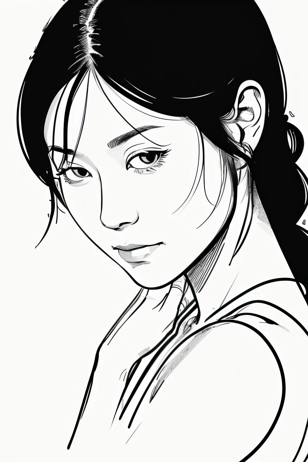 (best quality, high resolution, masterpiece:1.2), Super detailed, actual:1.37, (black ink sketch of Japanese woman:1.5), black ink sketch, smooth lines, Expressive facial expressions and gestures, simple background, Emphasis on light and shadow and spatial perception, Abundant negative space, young girl,ink portrait,smooth lines,expressive facial features,Subtle emotions,Ink strength comparison,simple background,Emphasis on light and shadow,spacious,Abundant negative space,peaceful atmosphere,peaceful atmosphere,dreamy mood,Subtle yet charming details,pastel colors,Calm and introspective,elegant gesture,Gentle movements,Gentle and innocent,elegant whisper,Quiet and elegant,shining,sublime beauty,Vector illustration,black and white,Natural and organic,nourishing and calming,Sublime simplicity,Ethereal charm.