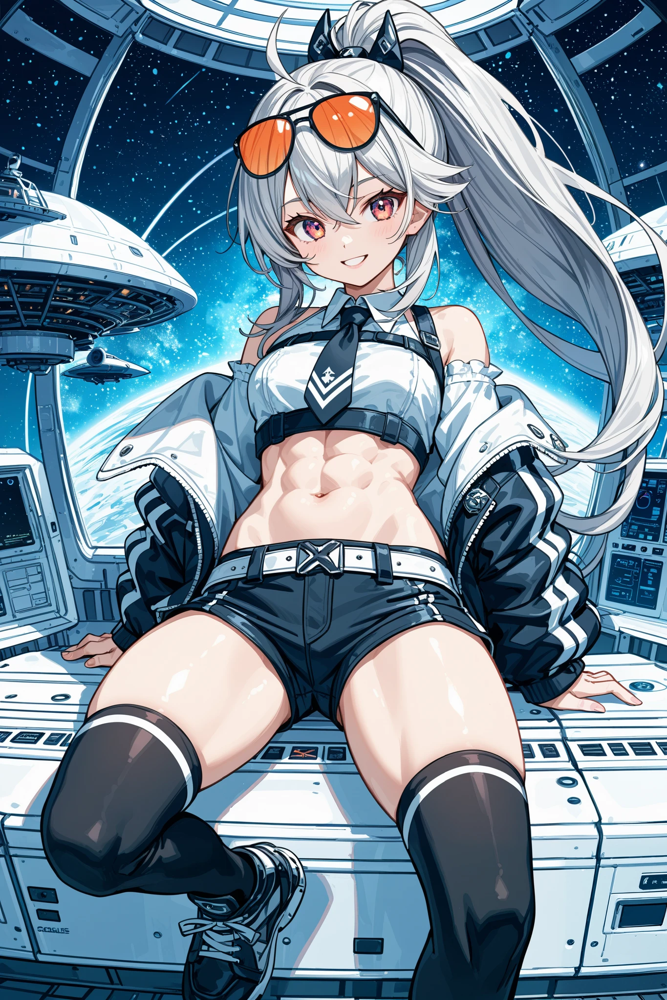 (((masterpiece)))、(((Top image quality)))、(((top-quality)))、(((highly detailed unity 8kwall-paper)))、((Illustration of one adult))、((25-years old))、((25-years old))、(pilot)、(((The face is a woman、The body is a man)))、(((Twintails with pink hair)))、Light gray eyes、((Tall))、((Flat))、((Muscular strong man's body))、((Muscular strong man's body))、(((solid chest)))、((muscular chest plate))、abdominals、((muscular and thick arms))、((muscular and thick legs))、((manspreading))、(((白いpilotスーツ)))、((Sitting in the cockpit))、(The Universe on the Monitor、Earth seen from space、Spaceport)