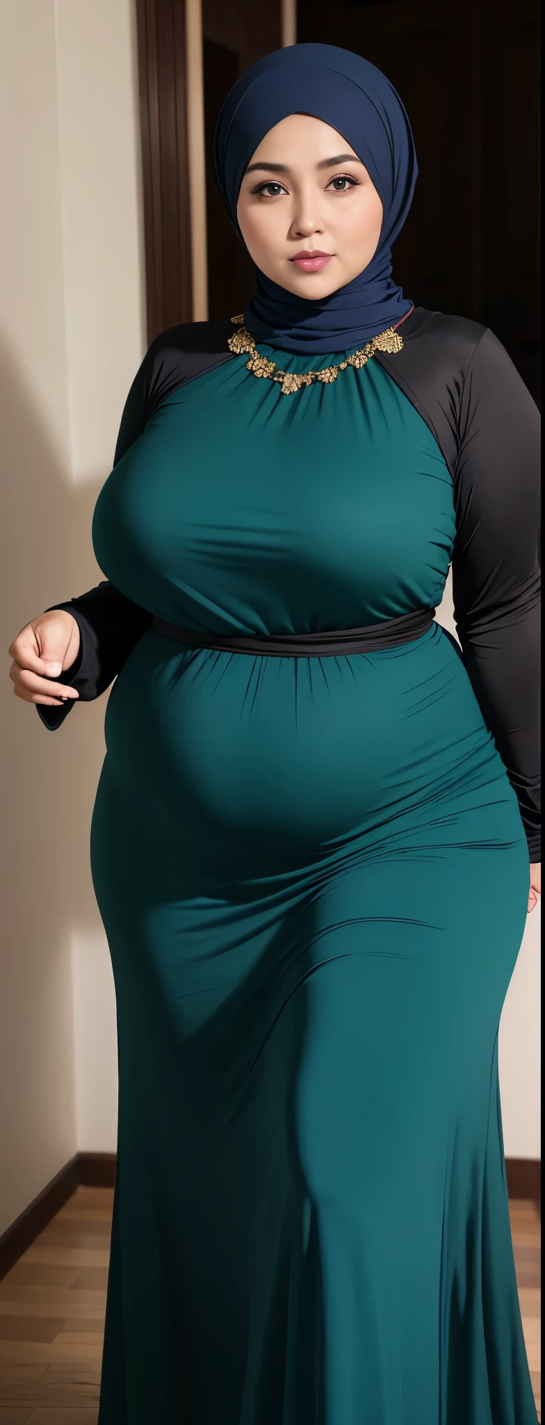 1 malay girl, modern plain hijab, shy, medium portrait, watery eyes, wearing dark green kebaya, ((big breasts)), black bokeh background, well-proportioned body,, chubby massive thighs, full body pose, Hena art on the body, hena art on full body, slightly fat body , voluptuous body , curvy body