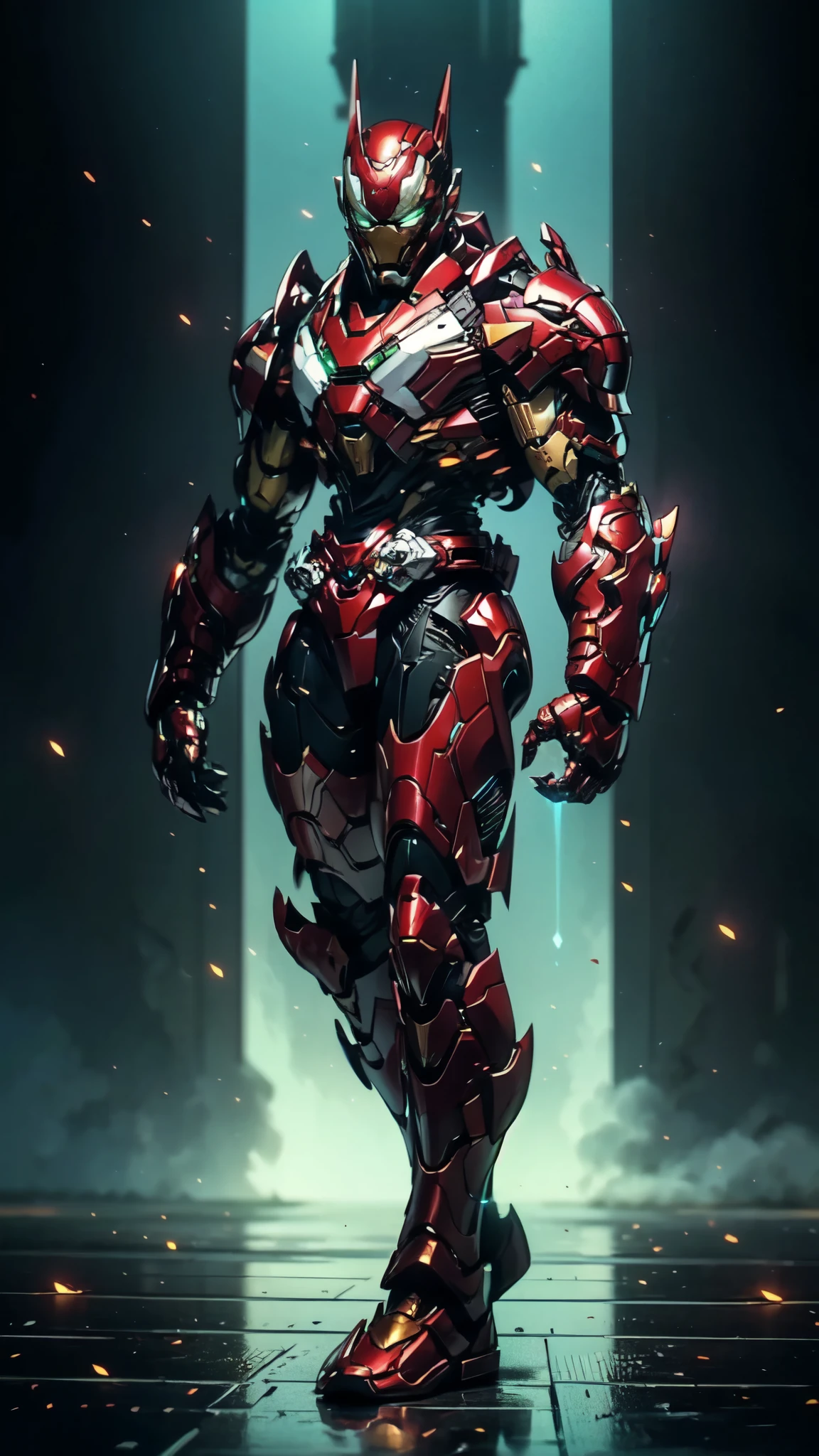 (masterpiece:1.5, best quality:1.5, extremely delicate:1.5), ((male:1.5)), a man wearing a full-face helmet, green eyes, fantasy-style high-tech biomimetic armored combat suit, (a composite layered chest armor), the design balances heavy with agility, fully enclosed shoulder guards, matching arm and leg guards, a belt of gemstone, (the color scheme is primarily Red with Green and White accents, Organic Biotech, Concept Inspired by Iron Man, glowing eyes, armor glows, stand of a futuristic sci-fi city), this character embodies a finely crafted fantasy-style armored hero in anime style, exquisite and mature art style, metallic, high definition, highres, ultra-detailed, ultra-fine painting, professional, perfect body proportions, golden ratio, anatomically correct, symmetrical face, extremely detailed eyes and face, high quality eyes, creativity, RAW photo, UHD, 32k, Natural light, cinematic lighting, masterpiece-anatomy-perfect