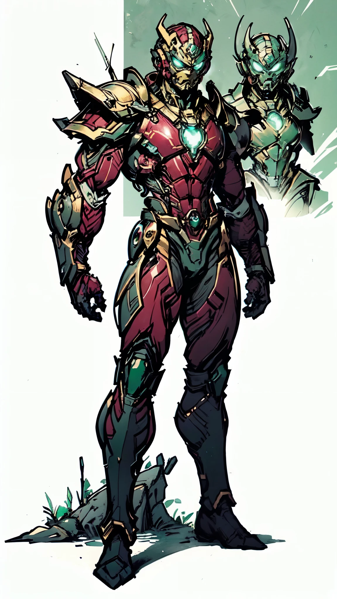 (masterpiece:1.5, best quality:1.5, extremely delicate:1.5), ((male:1.5)), a man wearing a full-face helmet, green eyes, fantasy-style high-tech biomimetic armored combat suit, (a composite layered chest armor), the design balances heavy with agility, fully enclosed shoulder guards, matching arm and leg guards, a belt of gemstone, (the color scheme is primarily Red with Green and White accents, Organic Biotech, Concept Inspired by Iron Man, glowing eyes, armor glows, stand of a futuristic sci-fi city), this character embodies a finely crafted fantasy-style armored hero in anime style, exquisite and mature art style, metallic, high definition, highres, ultra-detailed, ultra-fine painting, professional, perfect body proportions, golden ratio, anatomically correct, symmetrical face, extremely detailed eyes and face, high quality eyes, creativity, RAW photo, UHD, 32k, Natural light, cinematic lighting, masterpiece-anatomy-perfect